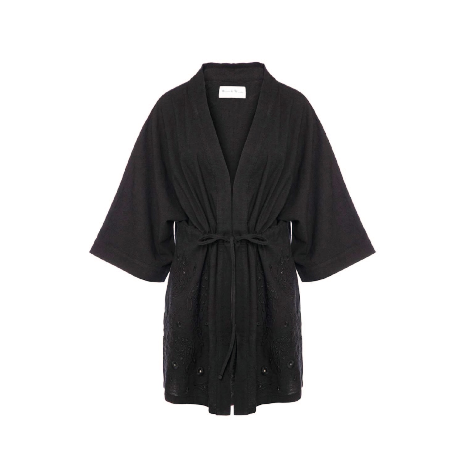 Women’s Alexandria, Linen Blend, Embroidered, Black Short Kimono One Size Women & Women