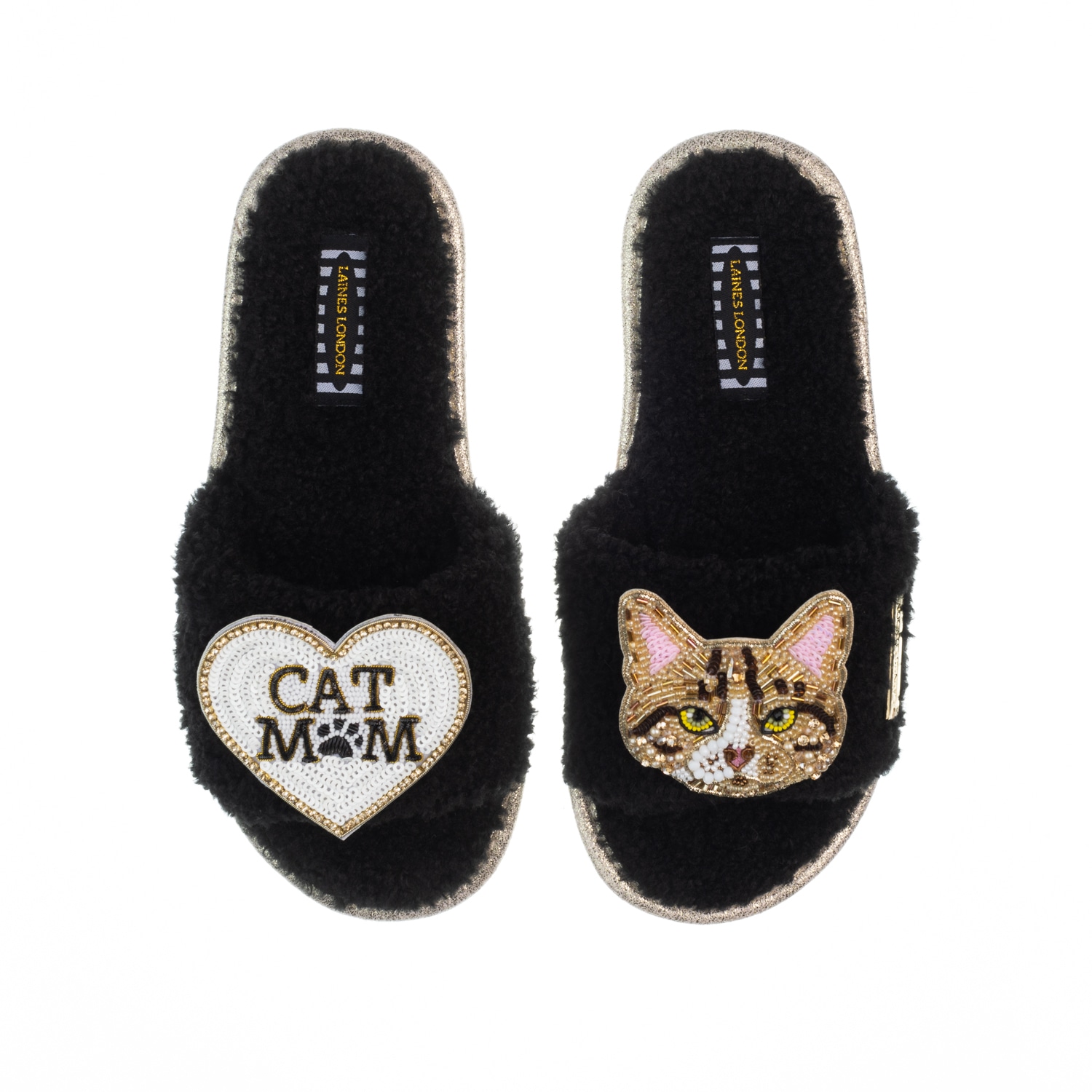 Women’s Teddy Toweling Slippers With Tabby Cat & Cat Mom / Mum Brooches - Black Large Laines London