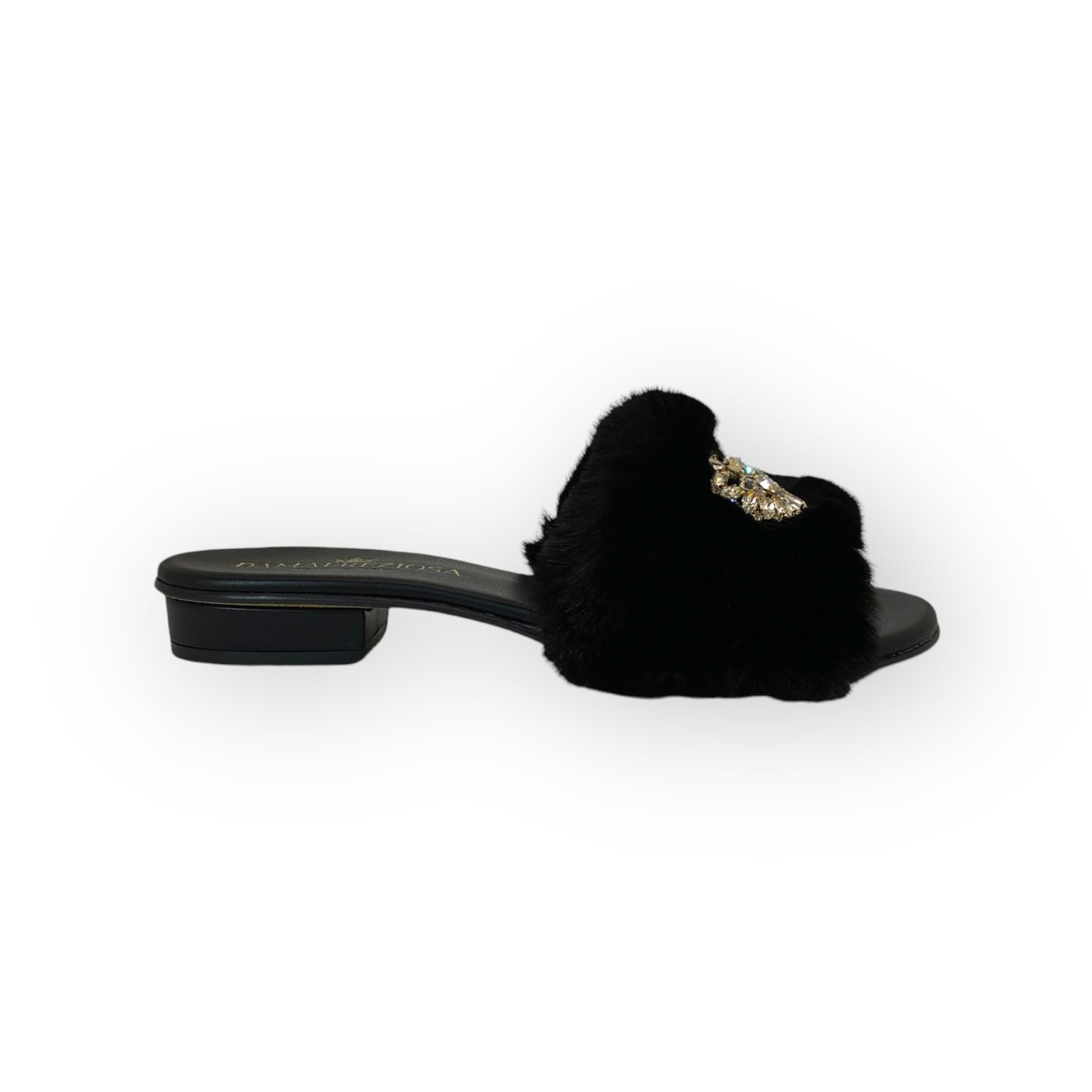 Women’s Victoria Black Flat Sandal In Faux Fur With Crystals 4 Uk Damapreziosa