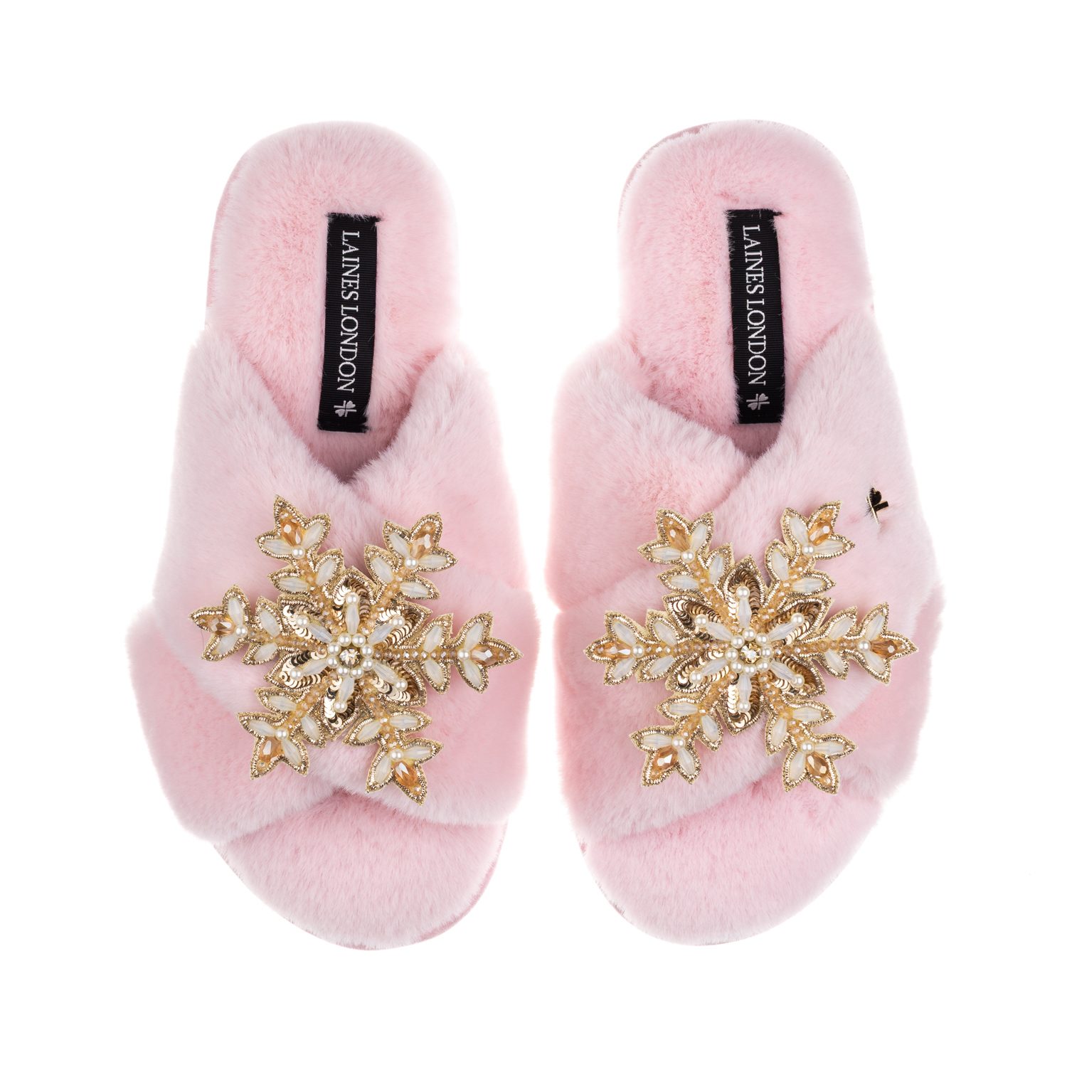 Laines London Women's Classic Laines Christmas Collection Slippers With Double Cream & Gold Snowflake Brooches - P In Pink