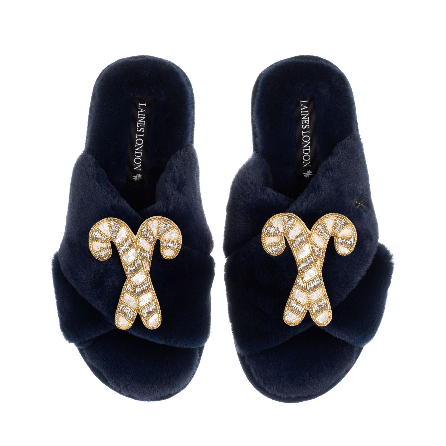 Laines London Women's Blue Classic Laines Christmas Collection Slippers With Double Gold & Silver Candy Cane Brooc In Blue
