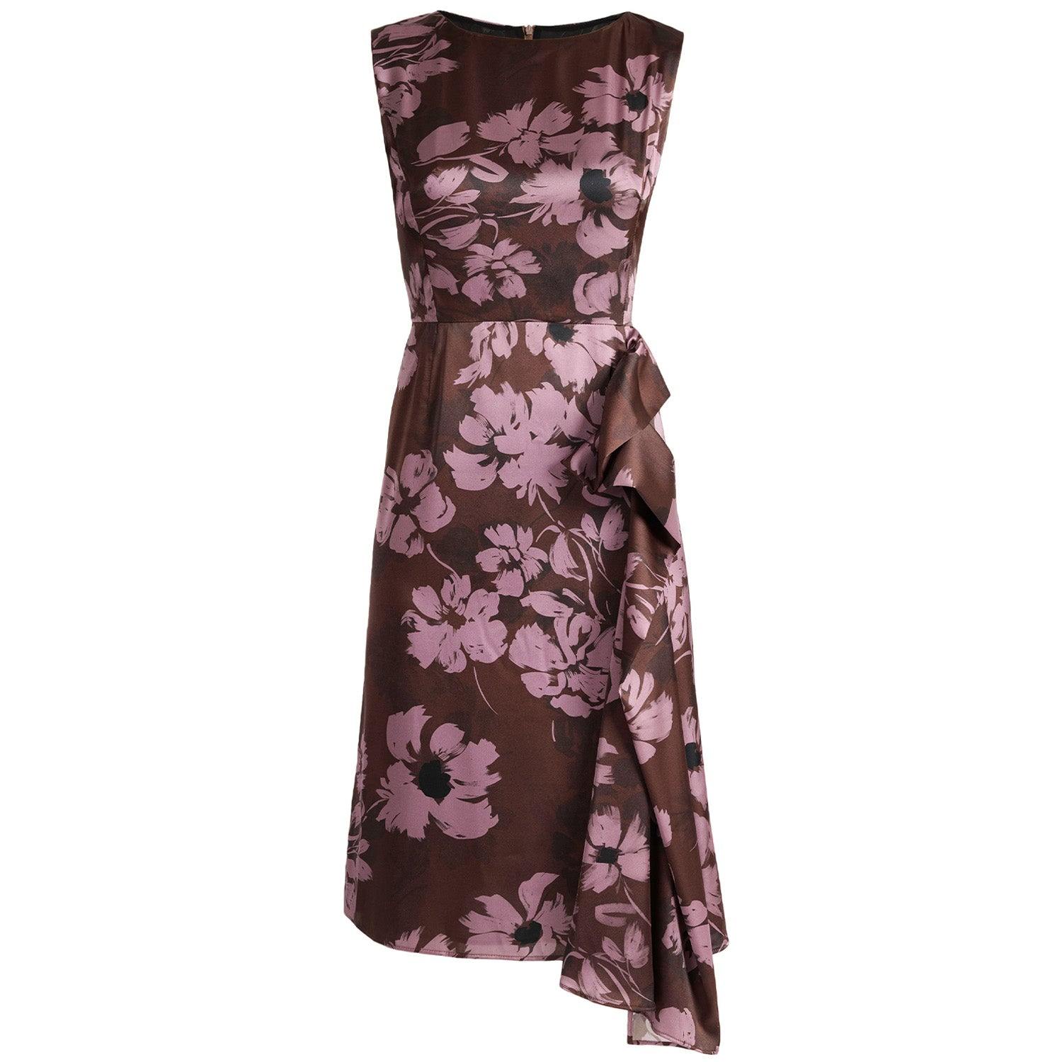 Santorelli Women's Purple Nica Sleeveless Dress With Side Ruffle In Floral Twill Crepe In Brown