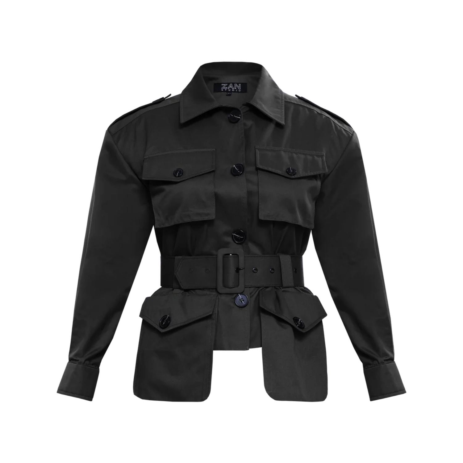 Zan Studio Women's Oversize Army Jacket With Belt - Black In Black