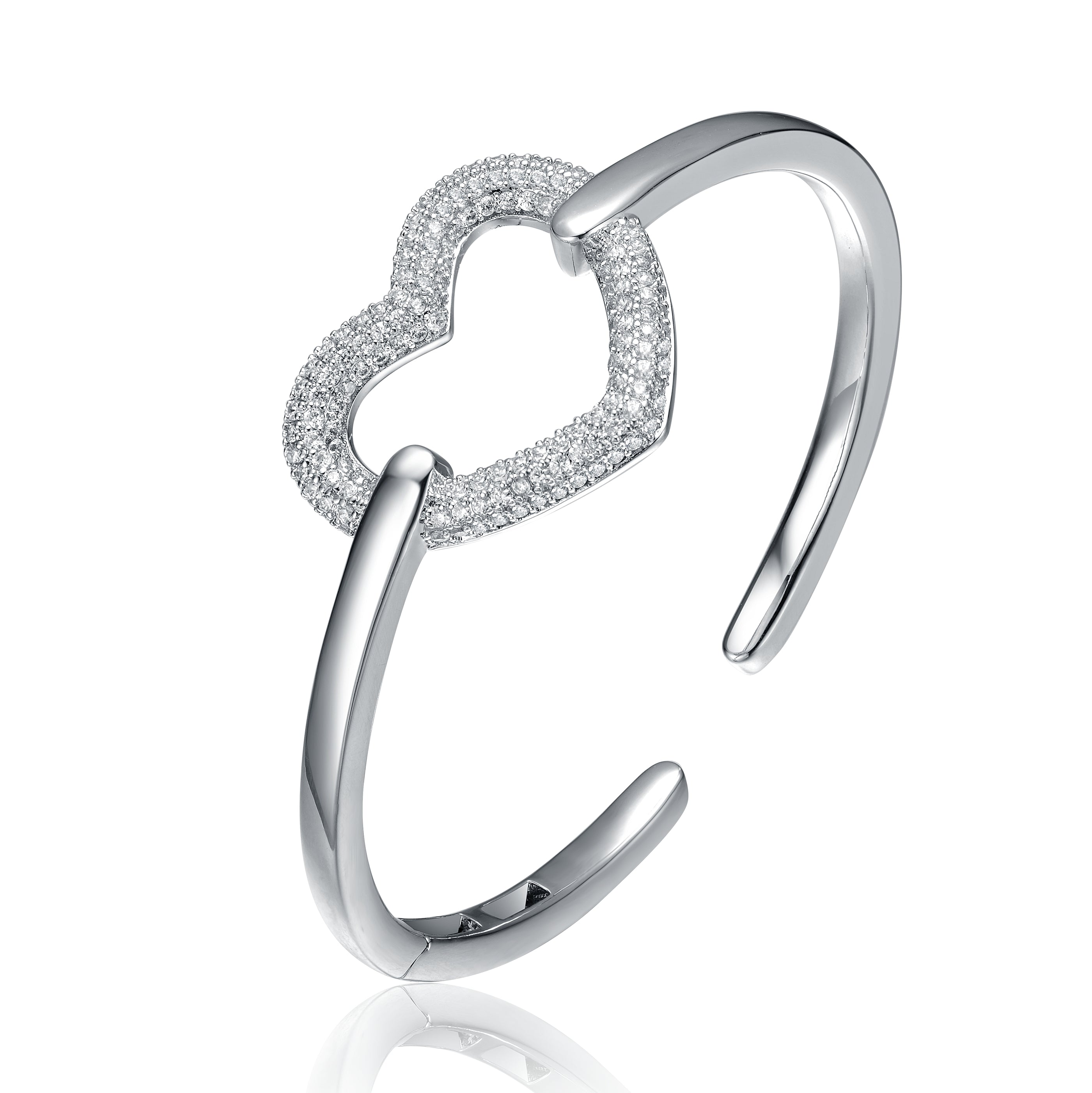 Women’s White Gold Plated Sterling Silver With Diamond Cubic Zirconia French Pave Heart Halo Stacking Ring Genevive Jewelry