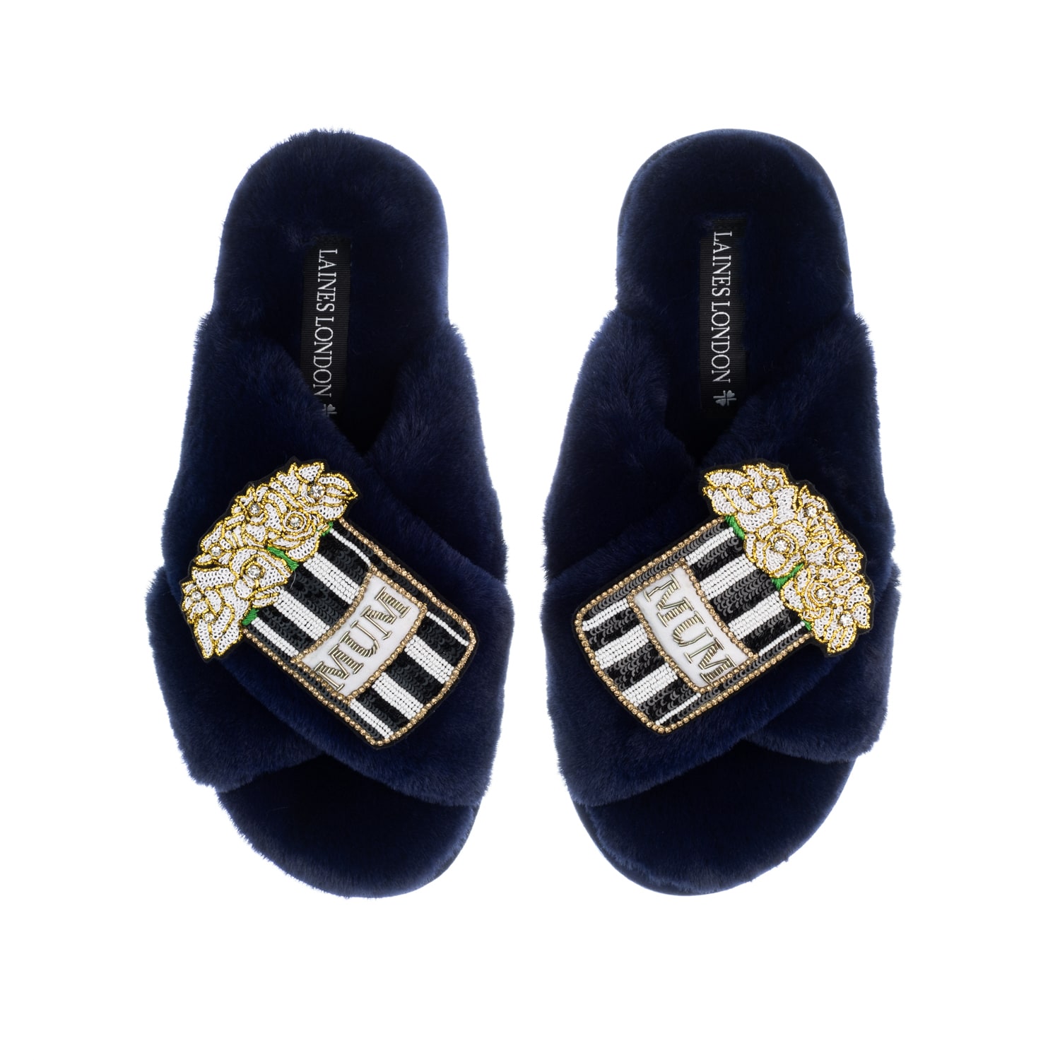 Women’s Blue Classic Laines Slippers With Mothers Day Double Mum Bouquet Brooches - Navy Large Laines London