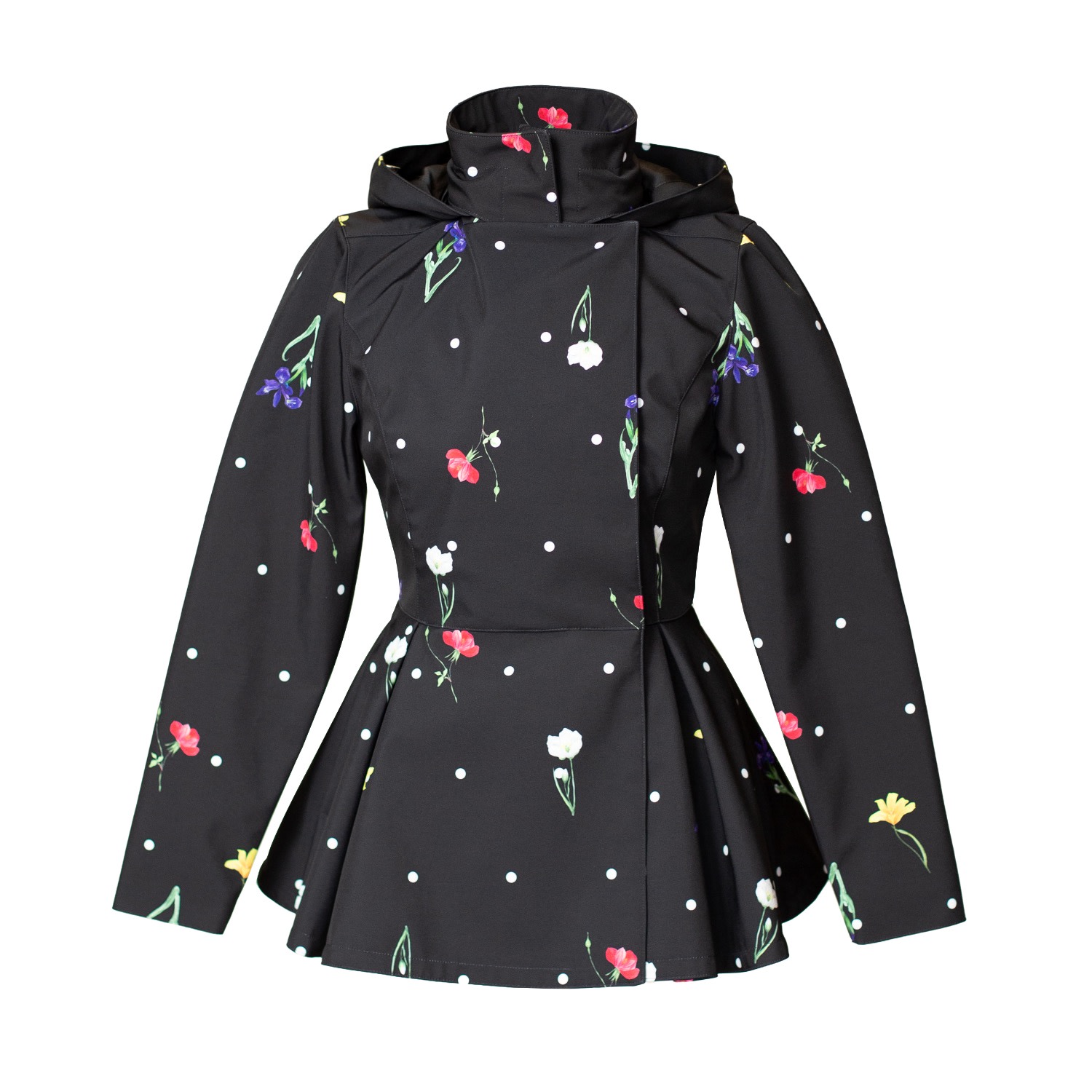 Rainsisters Women's Black Jacket With Detachable Hood And Flower Print: Cosmic Meadow In Black