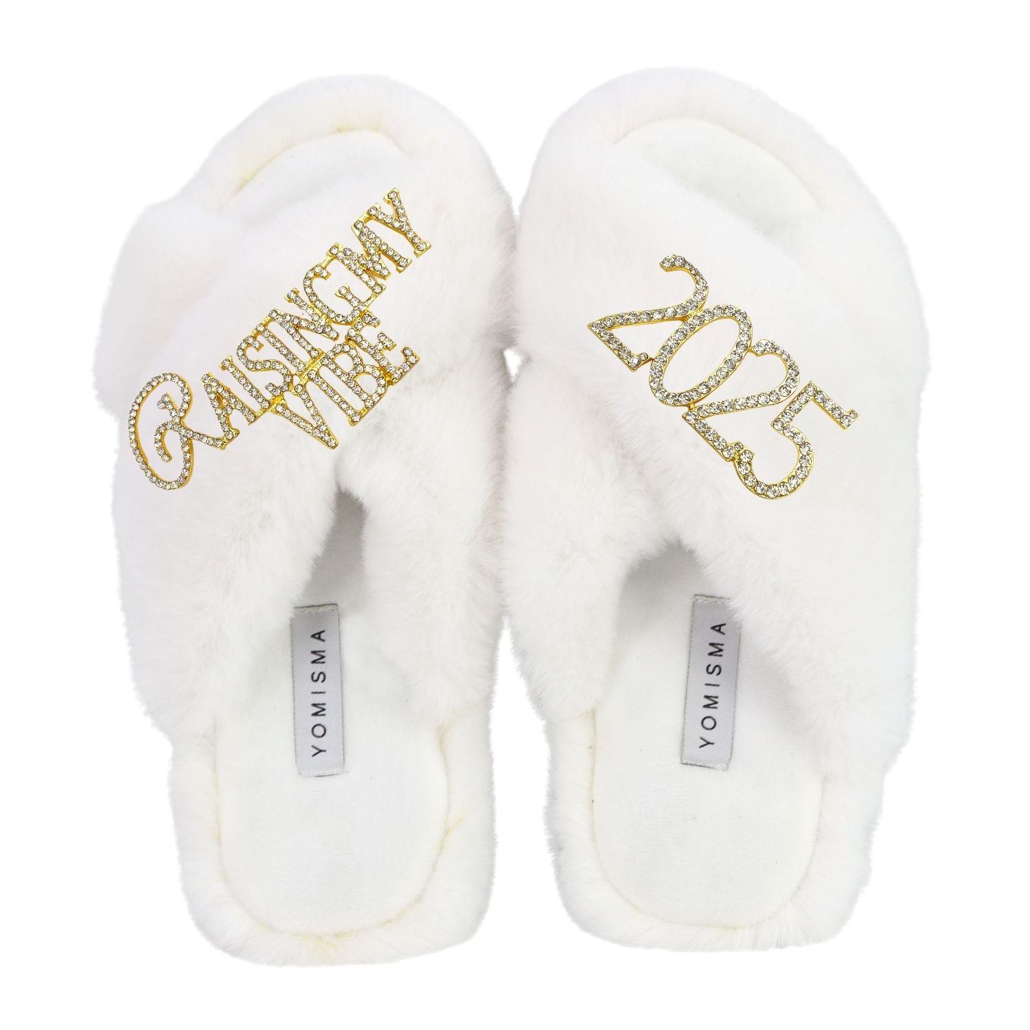 Yomisma Women's Faux Fur Slippers - Global Recycled Standard Certified "raising My Vibe + 2025" Embellishmen In White