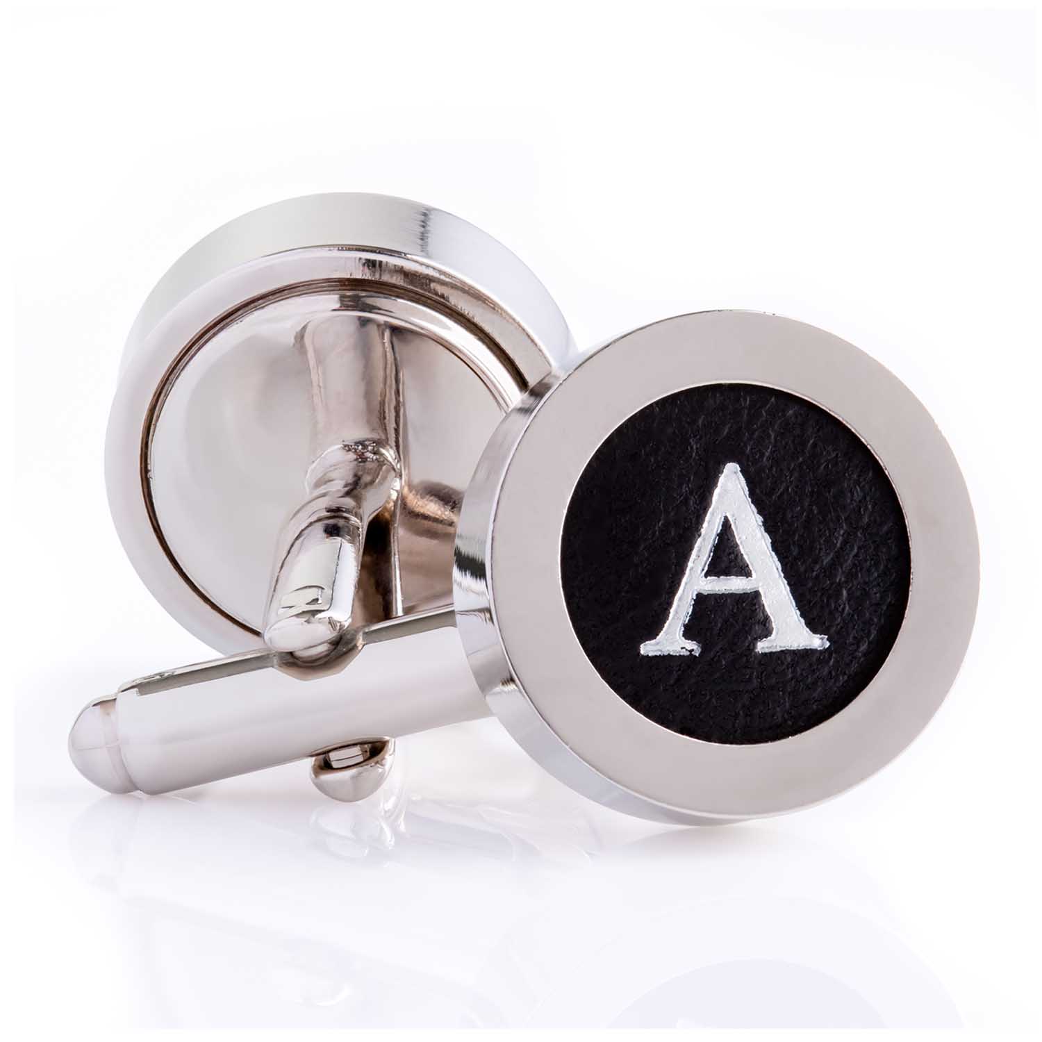 Men's Silver / Black Regent Black Leather Silver Letter Cufflinks | N'damus London