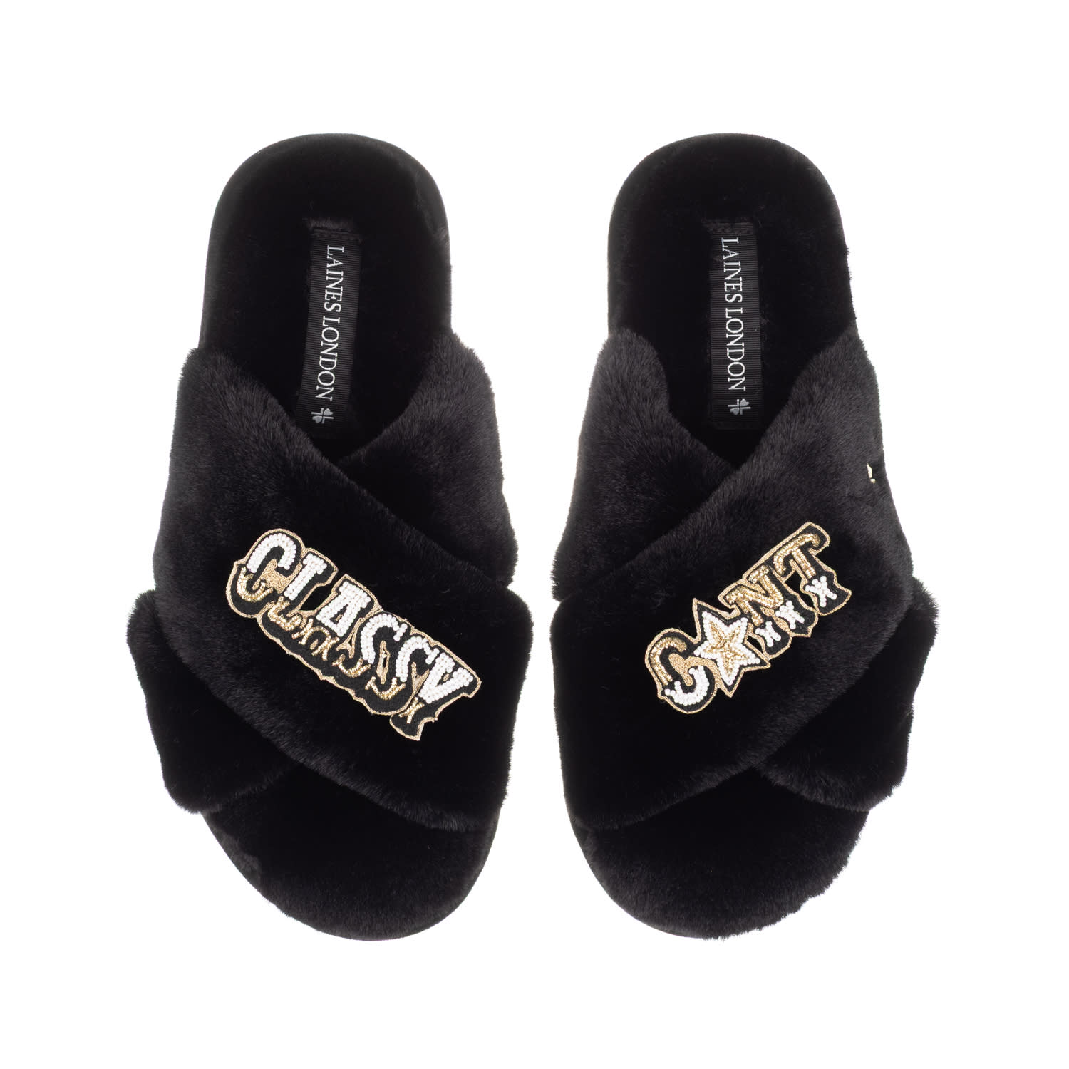 Laines London Women's Classic Laines Slippers With Classy Cunt Brooches - Black In Black