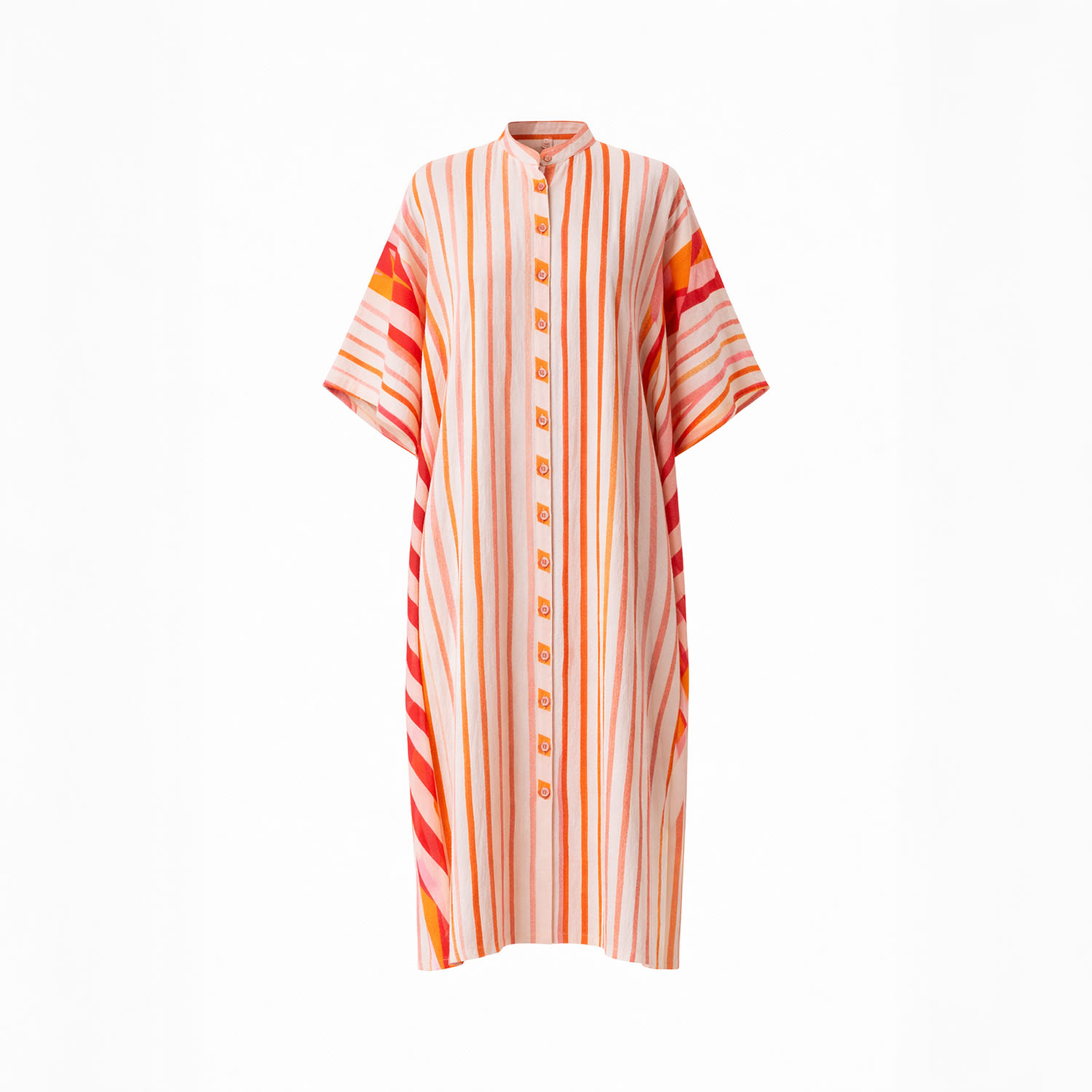 Women's Orange / Red / White Button-Down Embroidered Cotton Kaftan | One Size | Haris Cotton