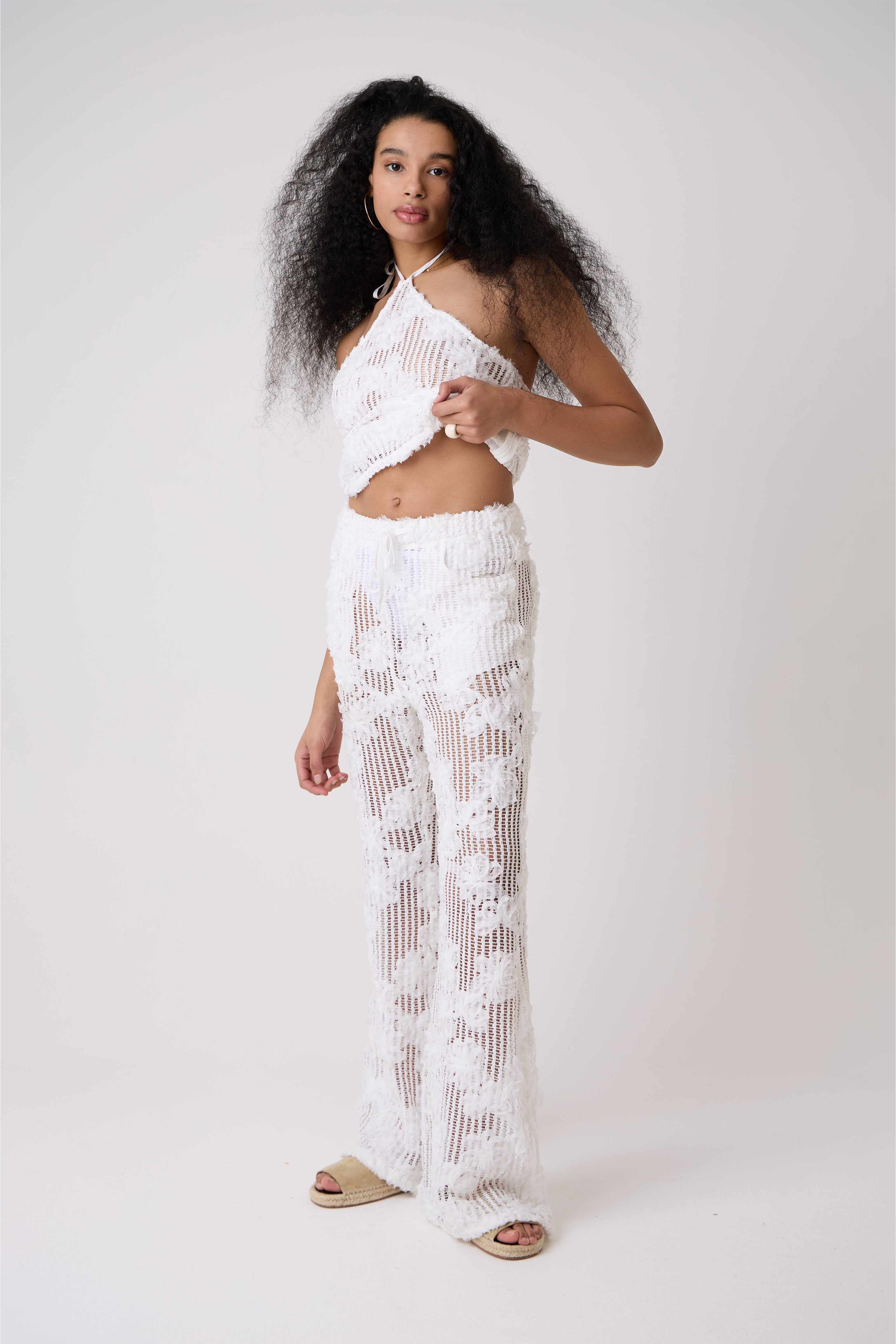 Cici White Crochet Floral Lace Wide Leg Trouser | AMY LYNN | Wolf
