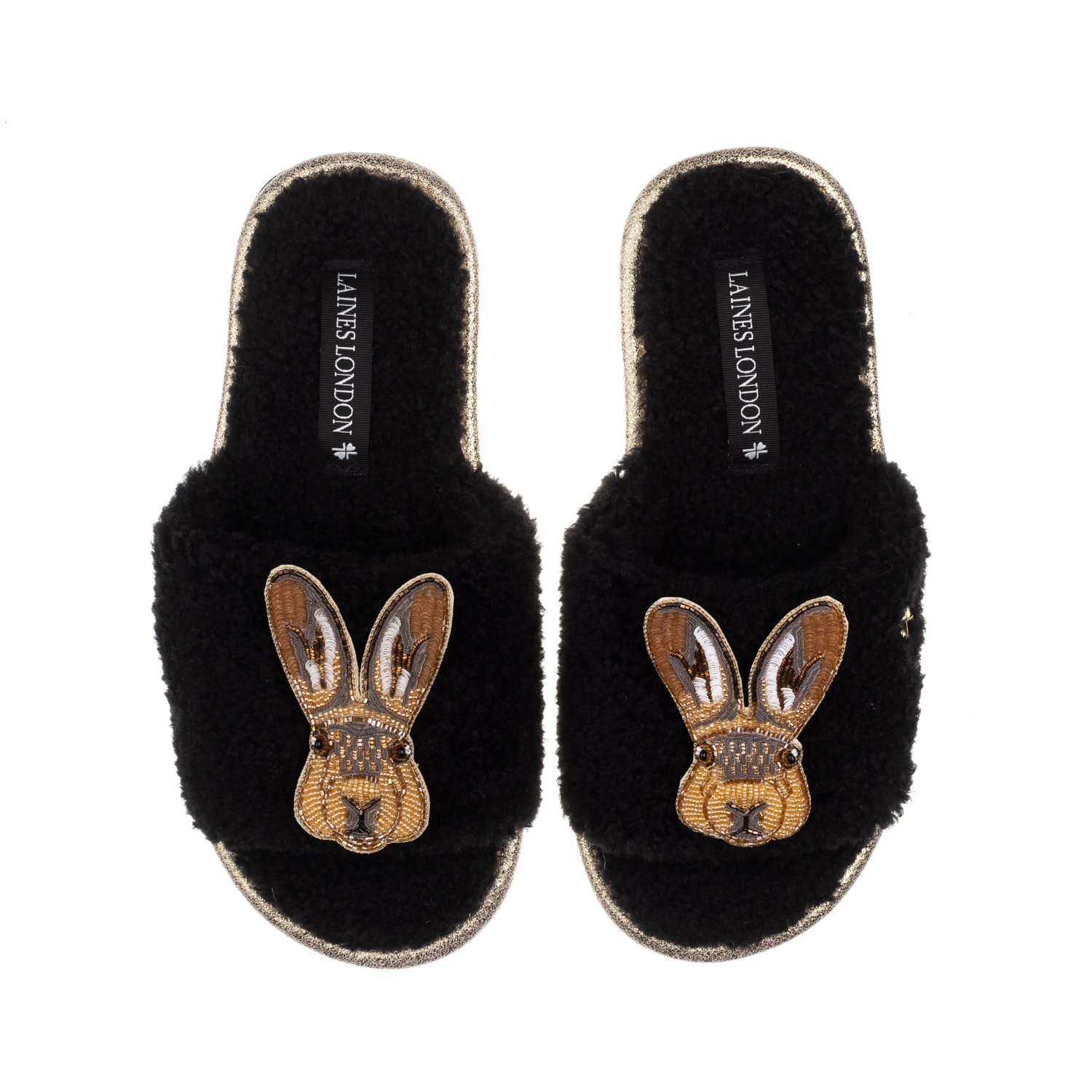 Laines London Women's Teddy Toweling Slipper Sliders With Double Hare Brooches - Black In Black