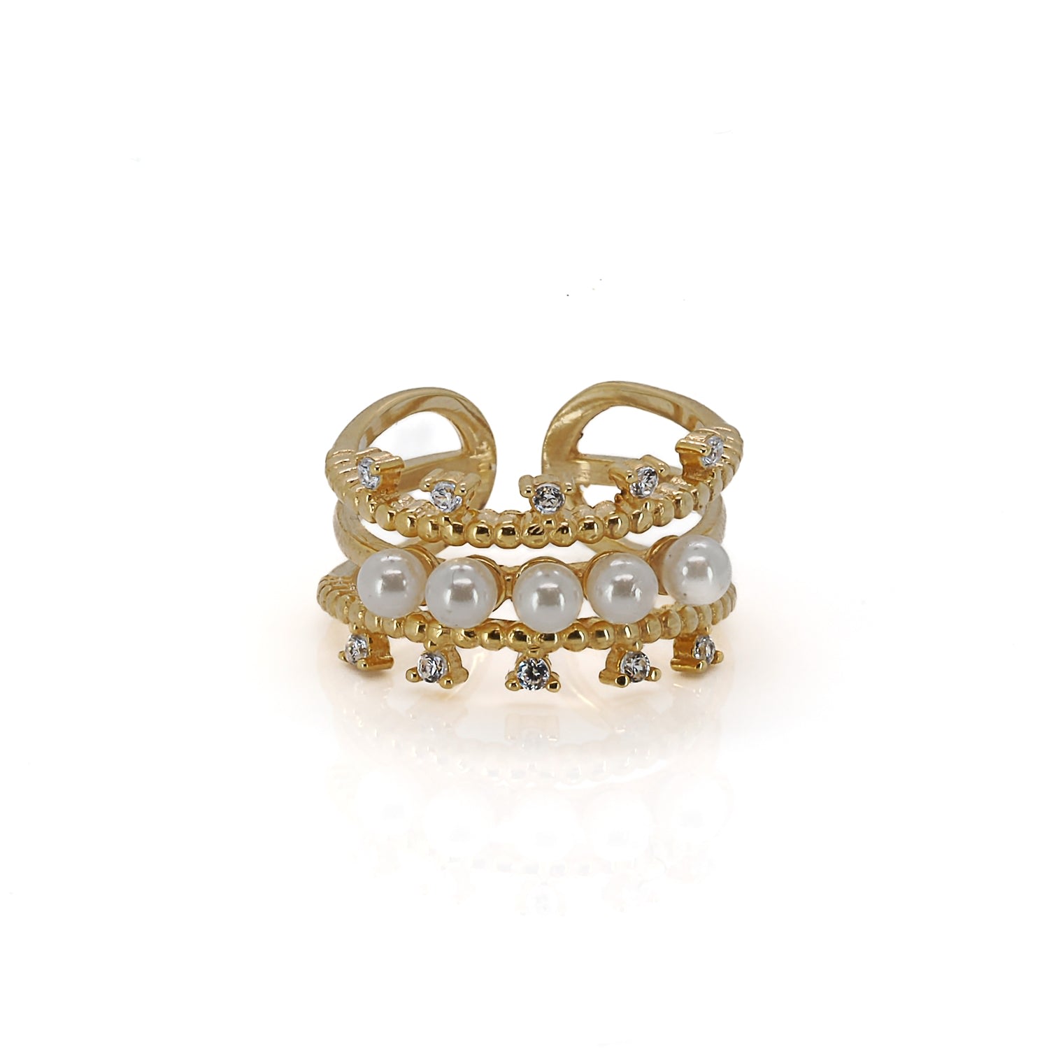 Ebru Jewelry Women's Gold / White Cleopatra Pearl & Diamond Gold Adjustable Ring - Gold