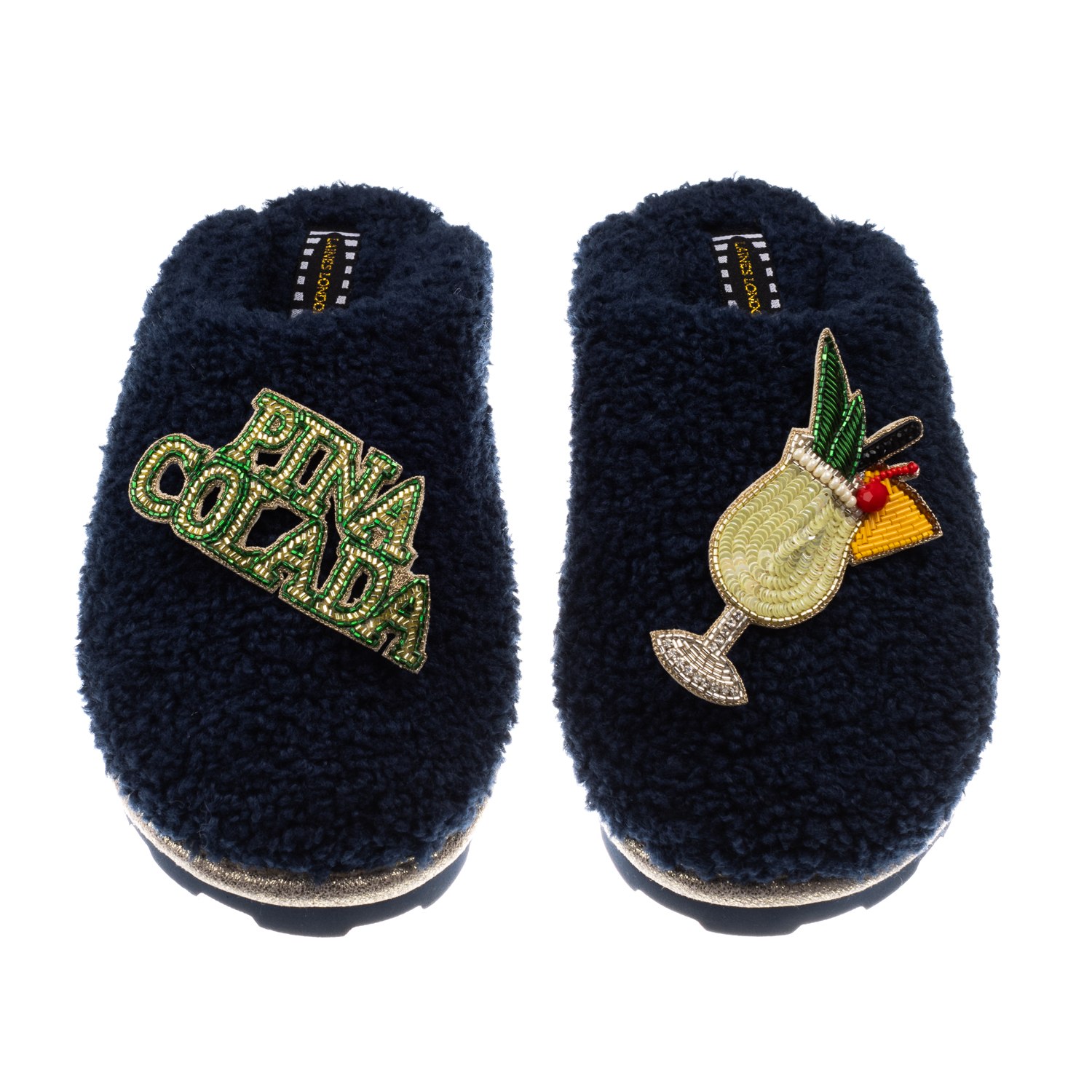 Laines London Women's Blue Teddy Closed Toe Slippers With Pina Colada Brooches - Navy In Blue