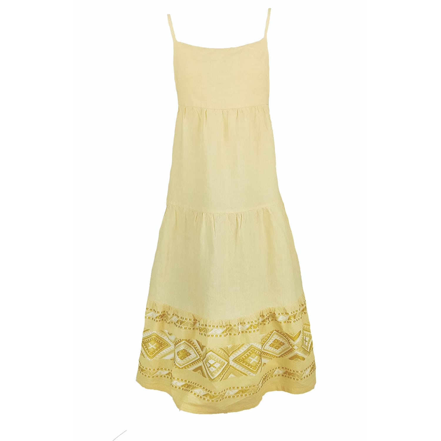 Haris Cotton Women's Maxi Linen Strap Dress With Embroidered Panels On The Hem-ecru In Beige