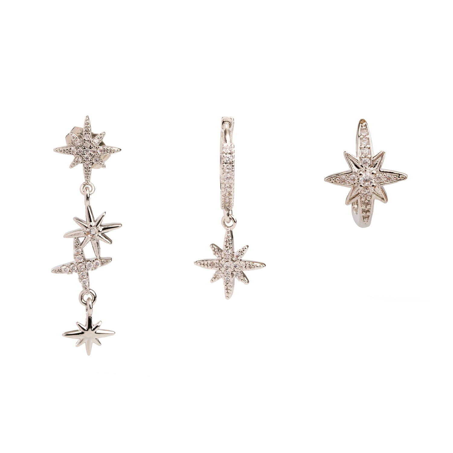 Ebru Jewelry Women's Celestial Trinity Silver & Diamond Earring Set - Silver