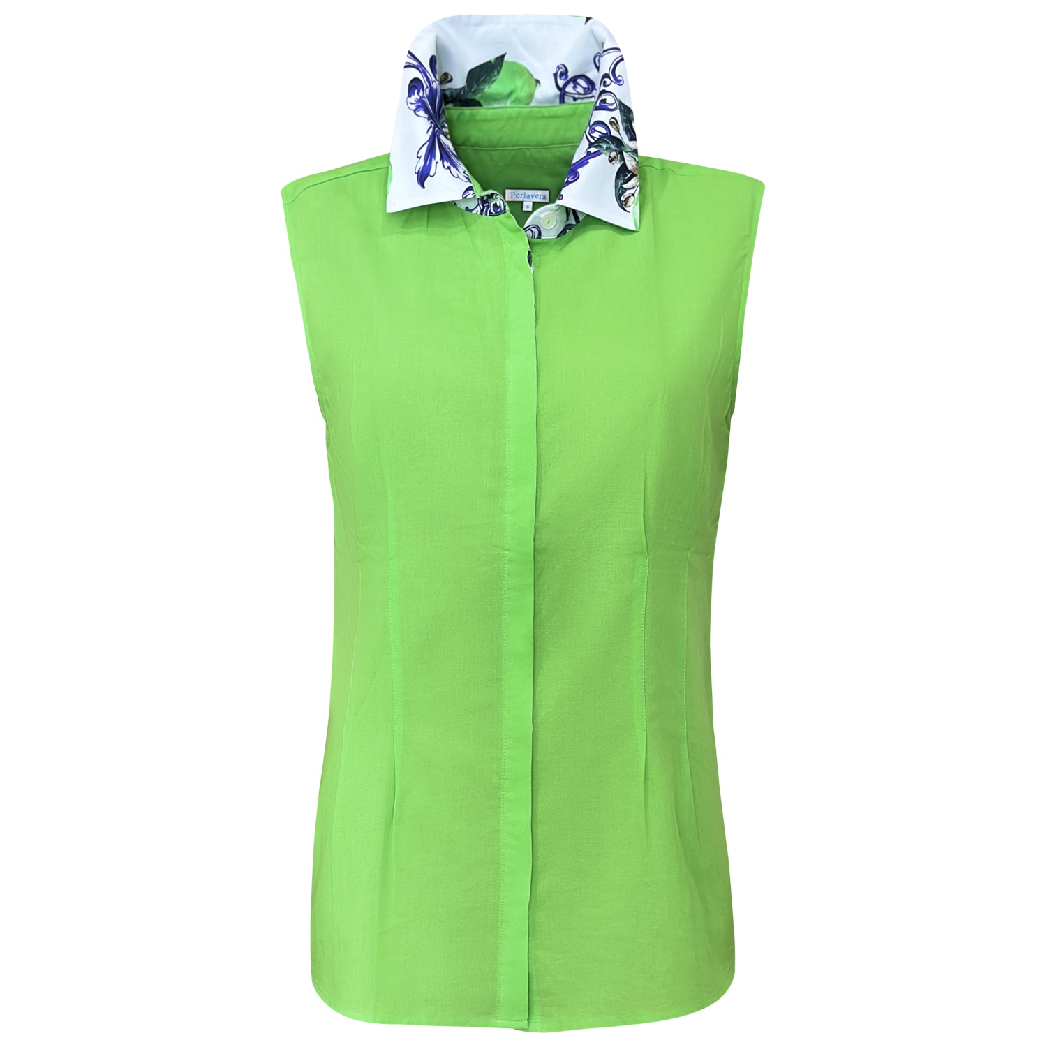 Perlavera Women's Cathy Green Solid Soft Cotton Sleeveless Shirt With Printed Details In Green