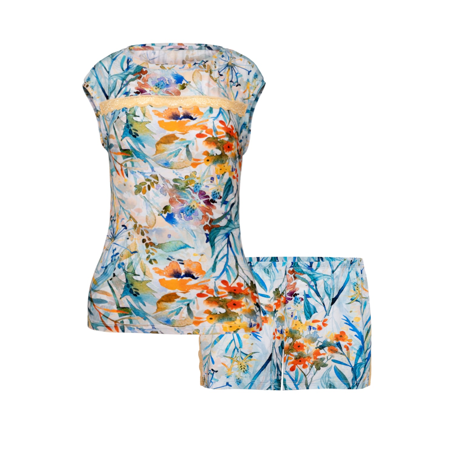 Oh!zuza Night&day Women's Blue / Yellow / Orange Short Printed Pajama Set In Blue/yellow/orange
