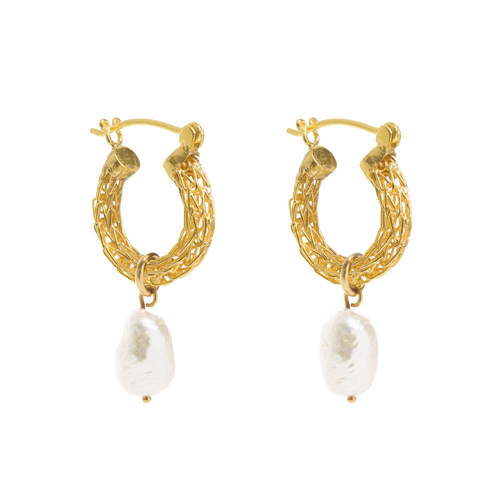 Freya Rose Women's Gold Weave Mini Hoops With Baroque Pearl In Gold