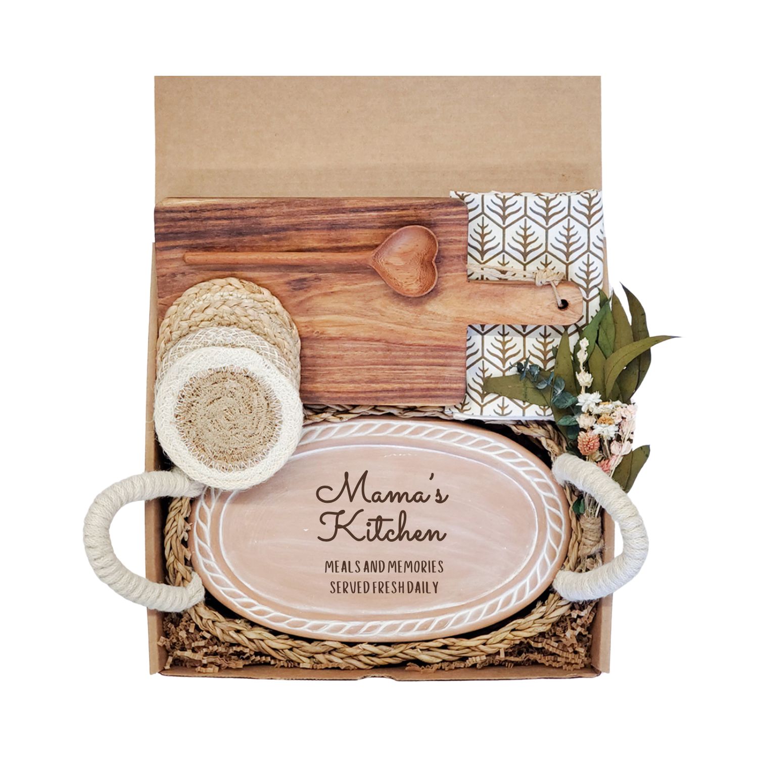 Korissa Brown / Neutrals Bread Warmer Gift Box With Rectangular Wooden Board, Spoon & Dark Brown Tea Towel -