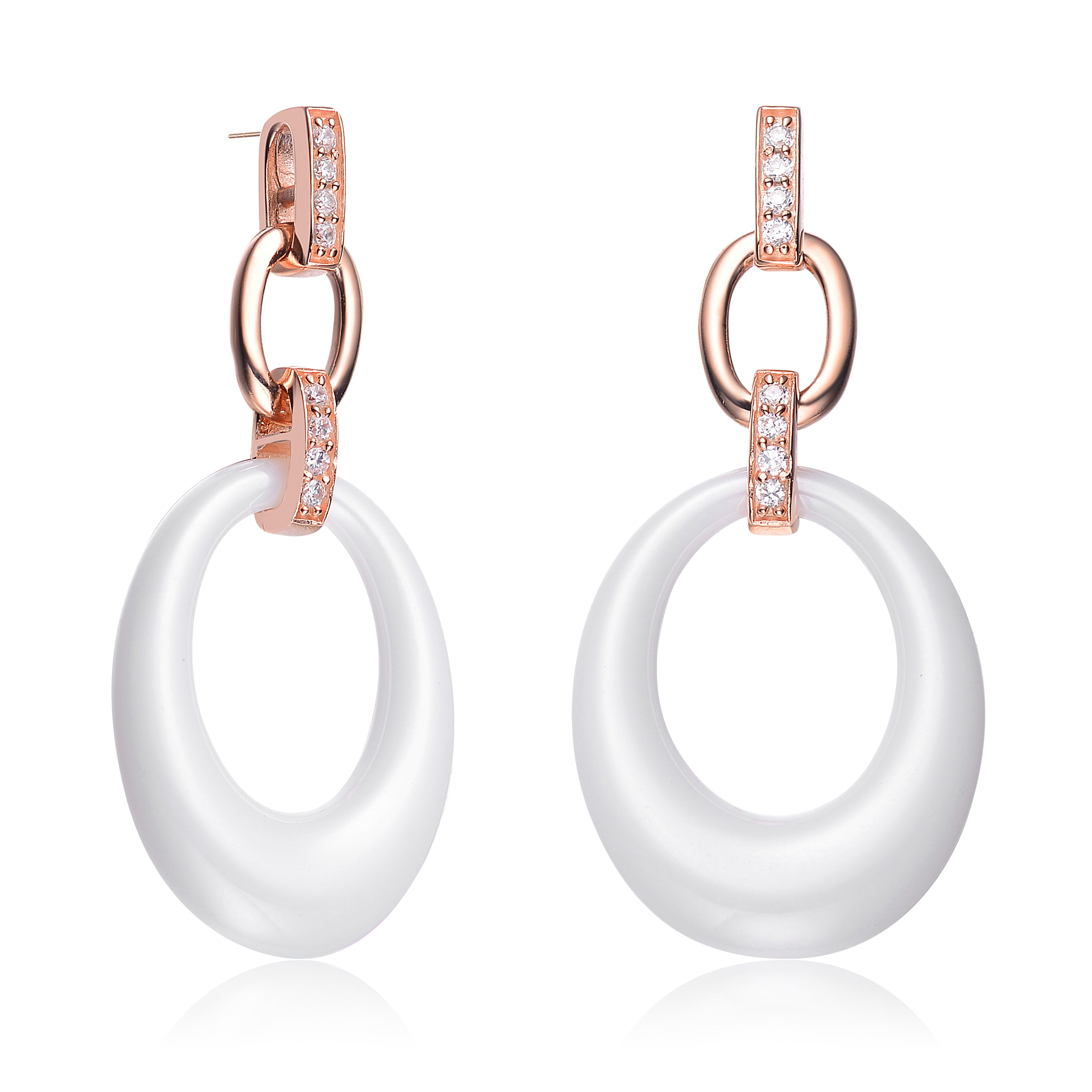 Women’s White / Rose Gold White Ceramic Ovel Hanging With Clear Cz Rose Earring Genevive Jewelry