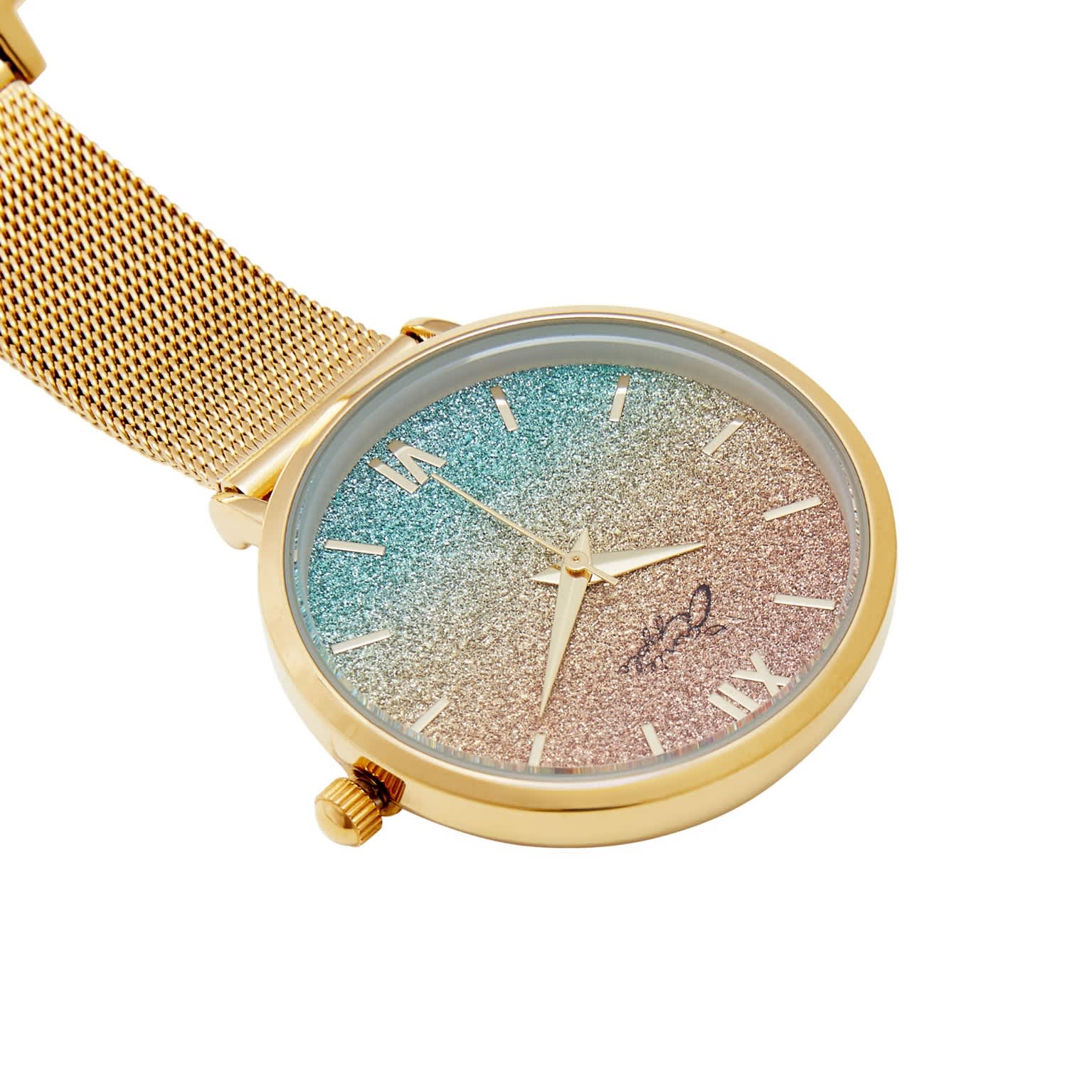 Annie Apple Aurora Rainbow Glitter Gold Mesh Nurse Fob Watch by Bermuda Watch Company