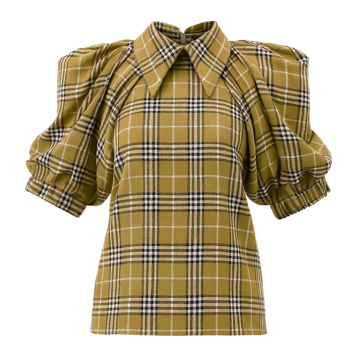 Julia Allert Women's Yellow Designer Blouse Voluminous Sleeves - Mustard Check In Green