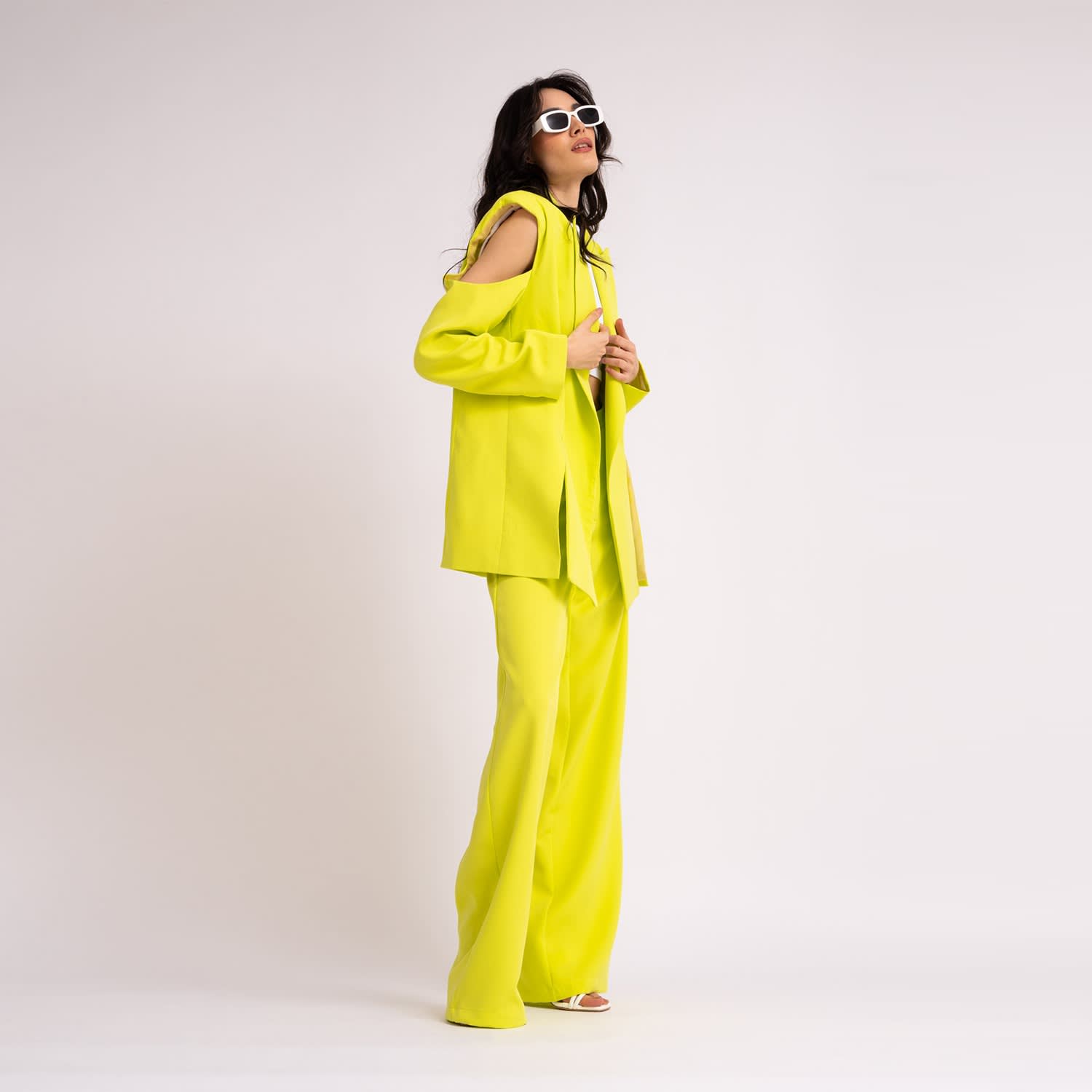 Neon green suit with blazer with scarves and wide leg pants – Bluzat