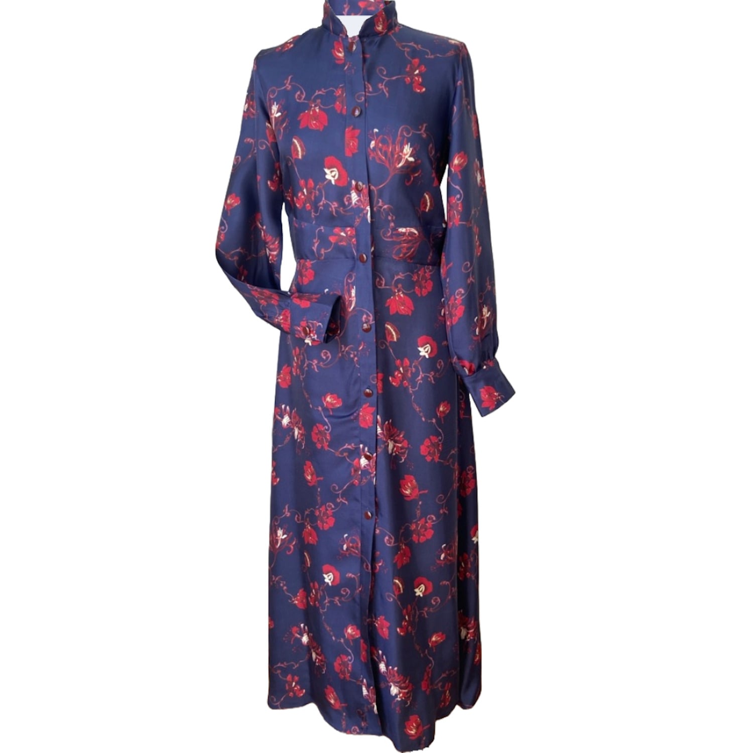 Women’s Blue / Red Shirt Dress - Silk - Floral Print - Blue Medium Syrcuse