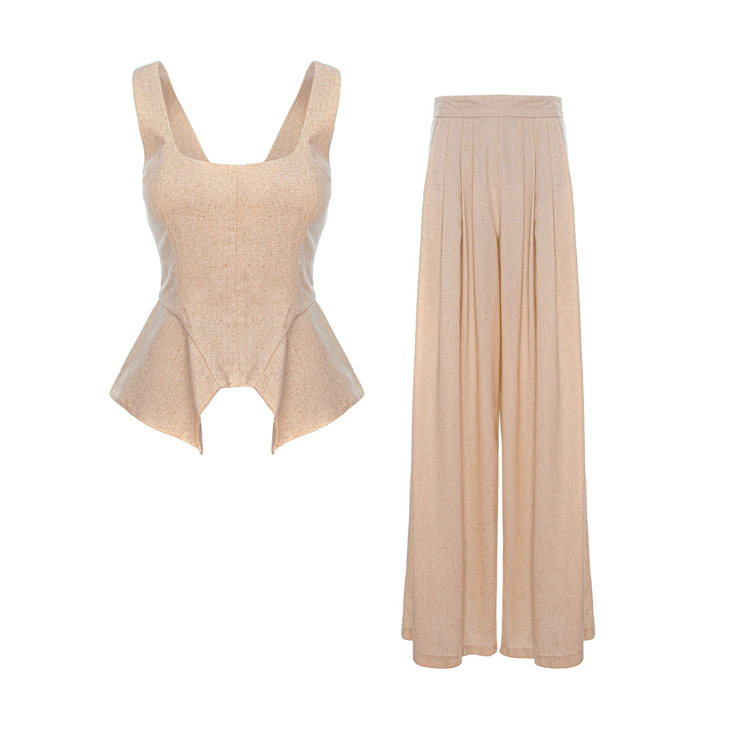 Bluzat Brown Beige Linen-style Set With Wide Legs In Brown