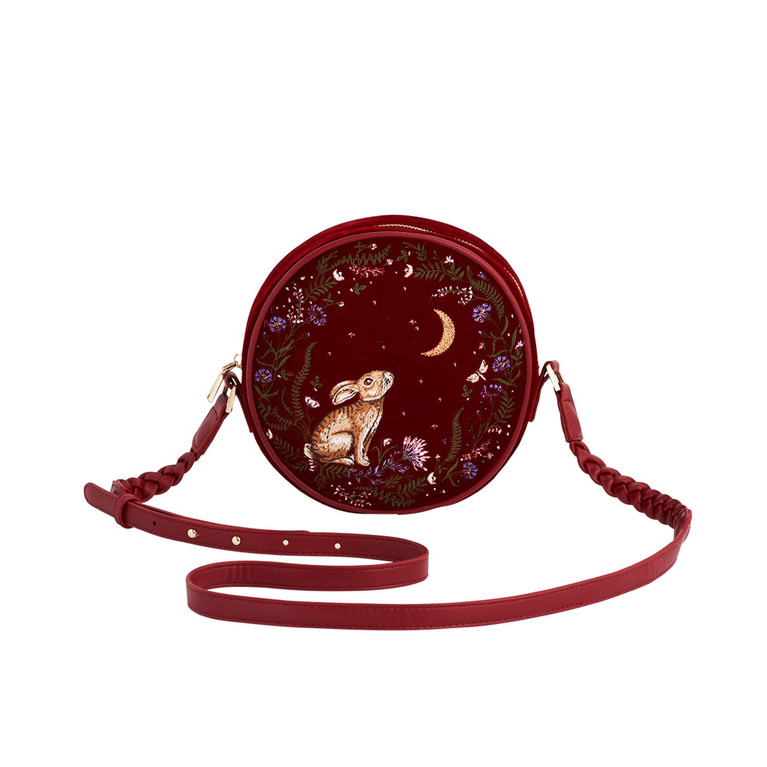 Fable England Women's Red Star Gazing Rabbit Embroidered Circle Bag In Red