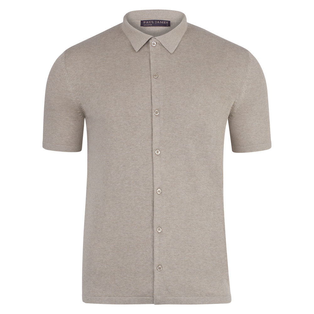 Neutrals Mens Cotton Short Sleeve Marshall Shirt - Fawn Small Paul James Knitwear