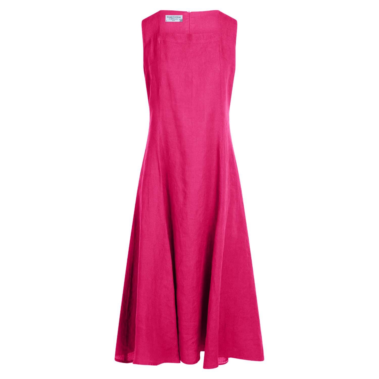 Haris Cotton Women's Pink / Purple Square Neckline Flared Linen Midi Dress- Fuchsia