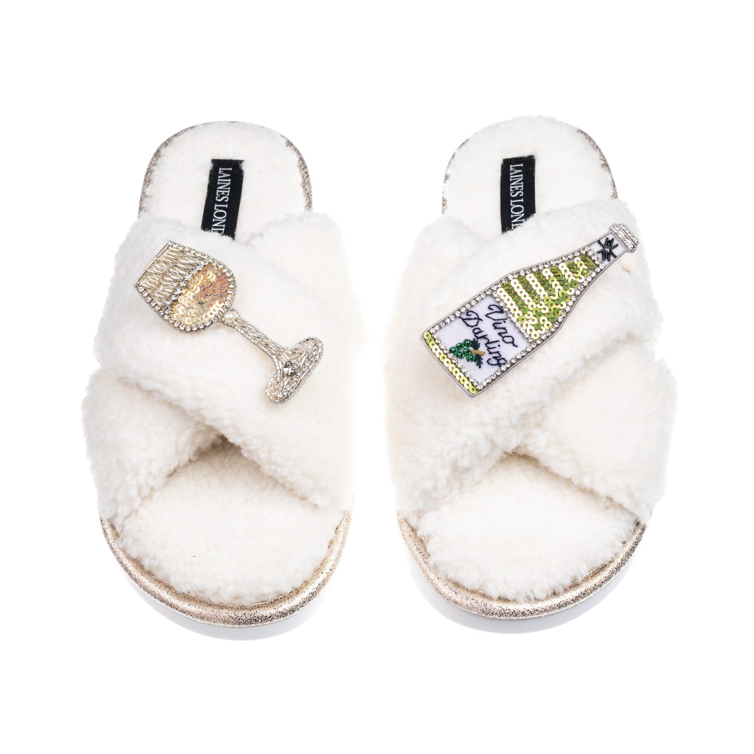 Laines London Women's Neutrals / White Laines Neutral Boucle Slippers With Vino Darling Brooches - Cream