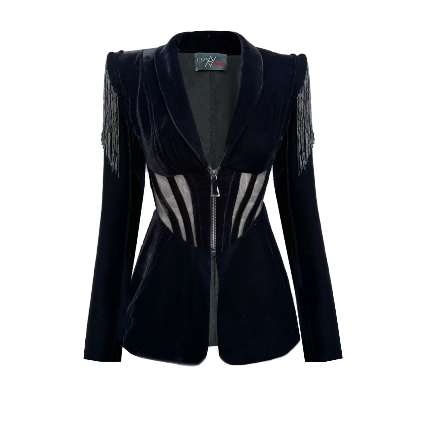 Angelika Jozefczyk Women's Black Velvet Blazer With Glass Fringes