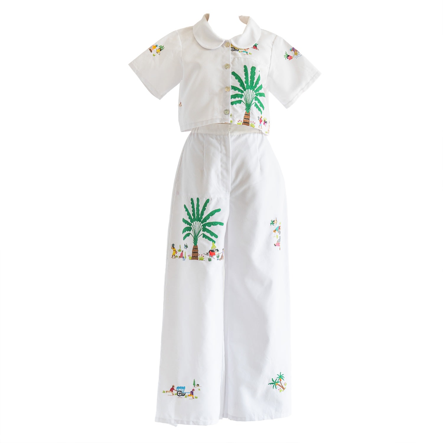 Sugar Cream Vintage Re-top & Trousers Embroidered Palm Tree Landscape Set