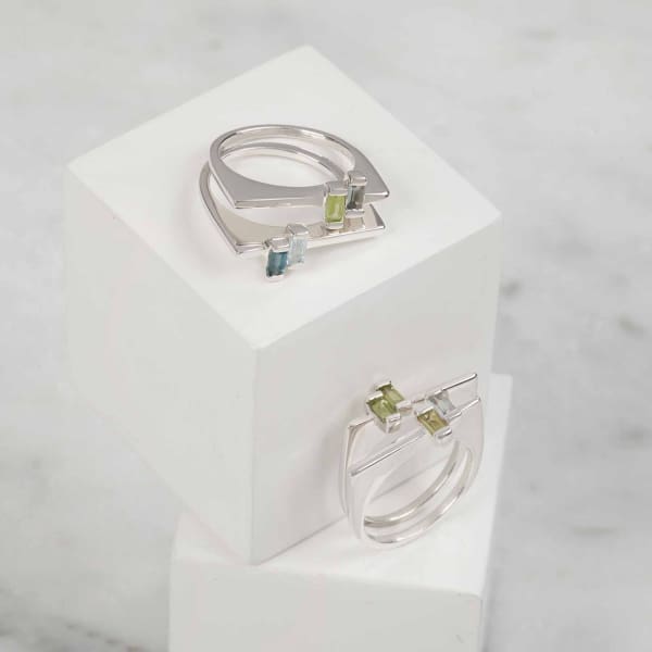 Neola Anais Sterling Silver Stacking Ring With Blue Topaz & Peridot In Stacking