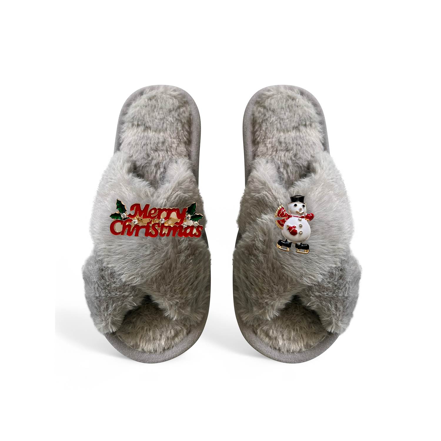 Toma Women's Classic  Faux Fur Open Toe Merry Christmas Grey Slippers In Gray