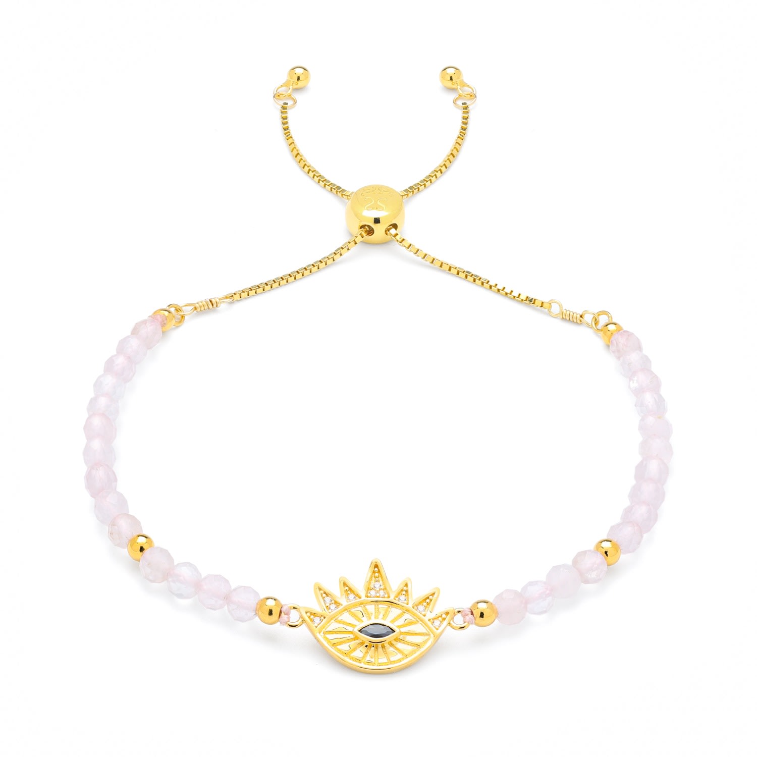 Women’s Gold / Blue / Pink Heart Healing Evil Eye Bracelet, Rose Quartz With Sapphire, Gold Over Sterling Silver Seven Saints