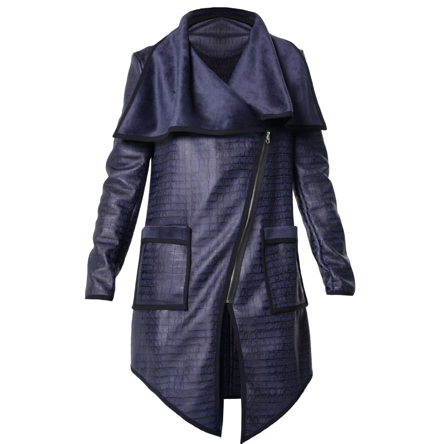Women's Blue Navy Croc-Effect Asymmetric Zip Coat With Draped Collar | Medium | Metamorphoza