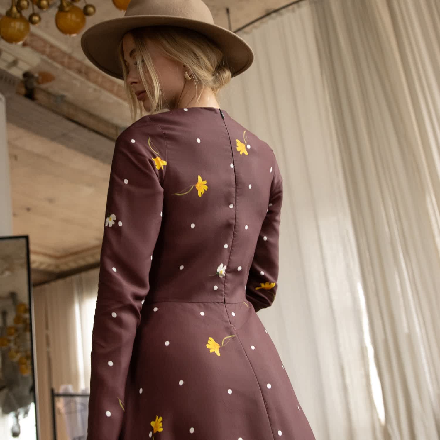 Rainsisters Fit & Flare Long Sleeve Midi Dress - Brown