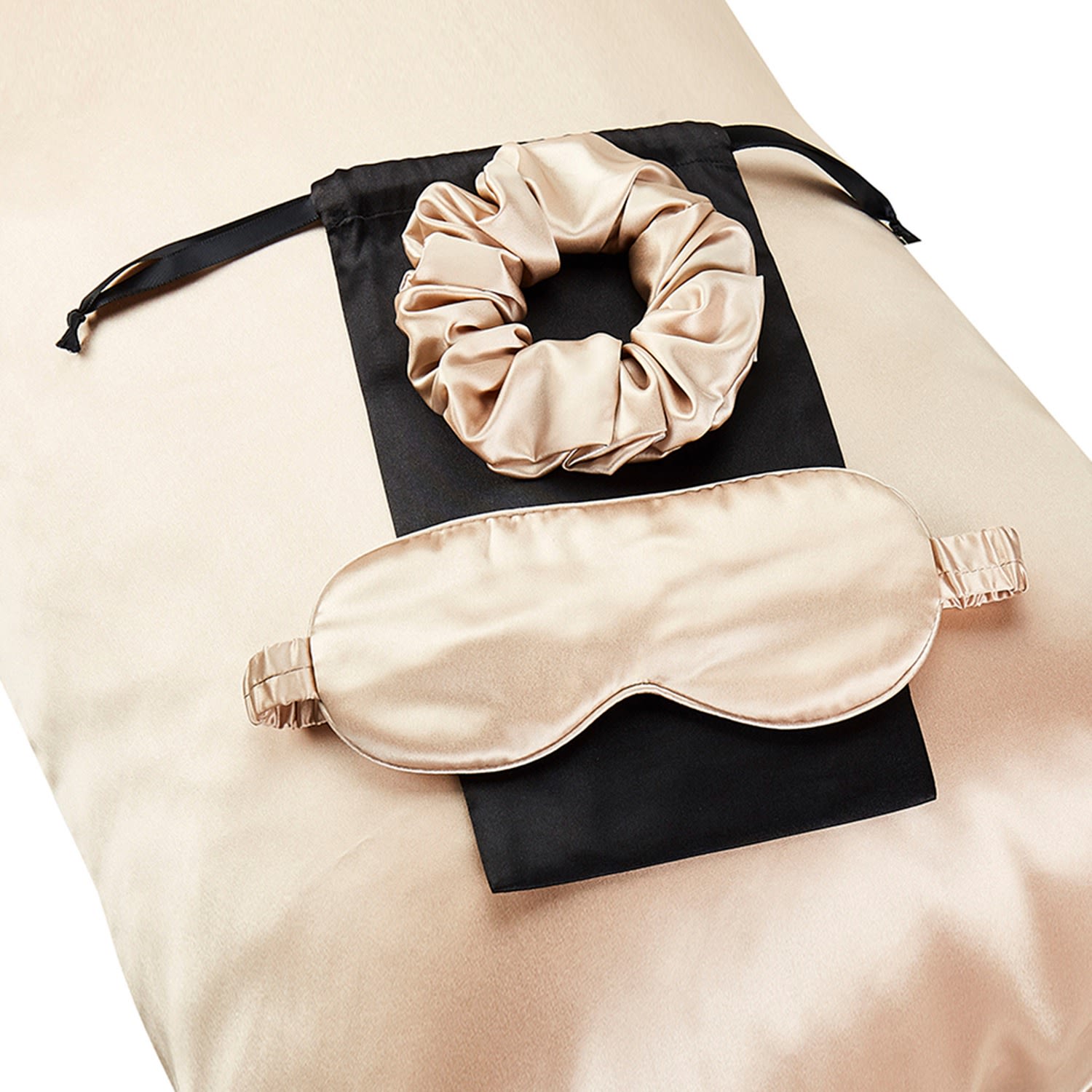 Neutrals Gift Set: Beige Pure Mulberry Silk Pillowcase, Eye Mask And Scrunchies King Size Us King Soft Strokes Silk