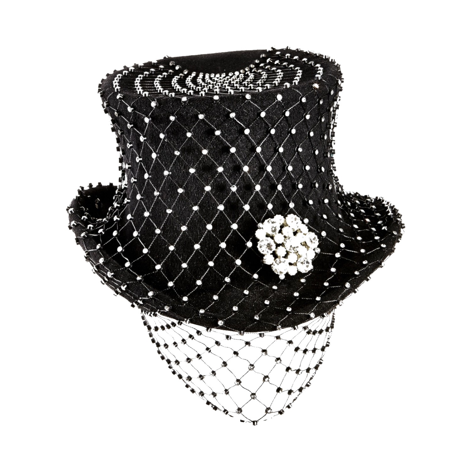 Women's Black / Silver The Heist | Black Velour Top Hat With Crystal Mesh Veil | One Size | Victoria Grant
