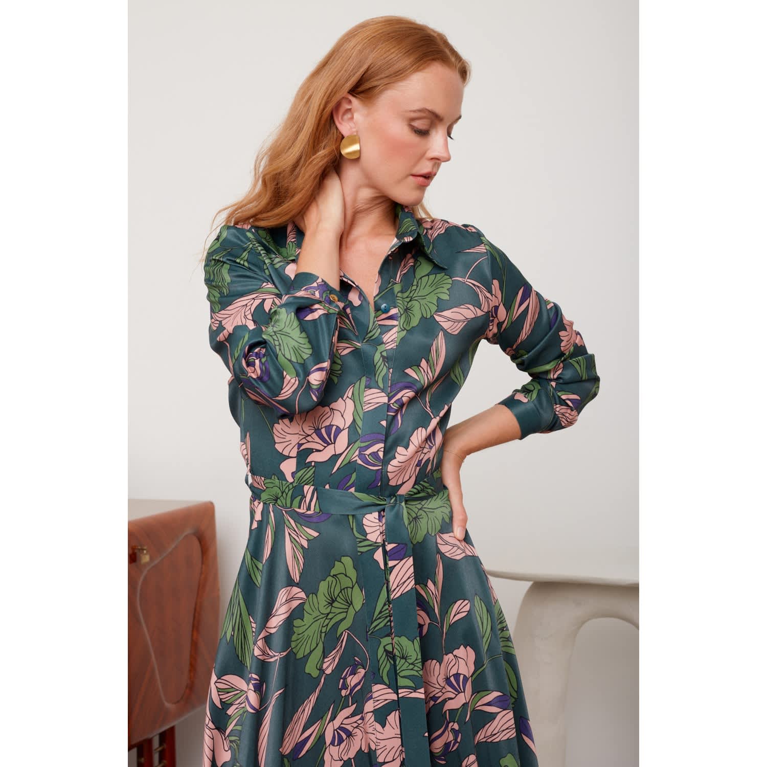 Bruna Floral Print Midi Work To Evening Shirt Dress by UNDRESS