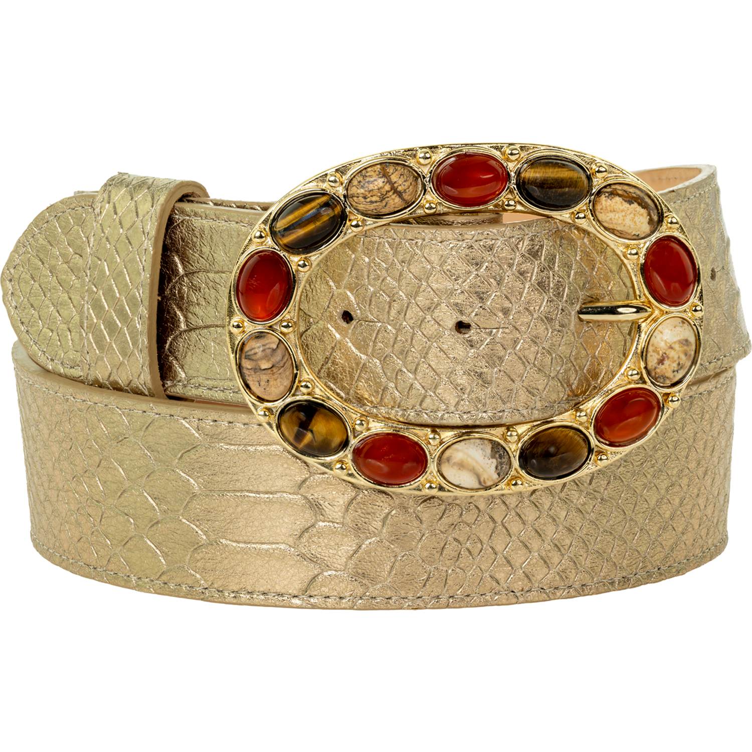 Peachy Belts Ltd Women's Champagne Croc Print Belt With Gold Oval Gemstone Buckle In Gold
