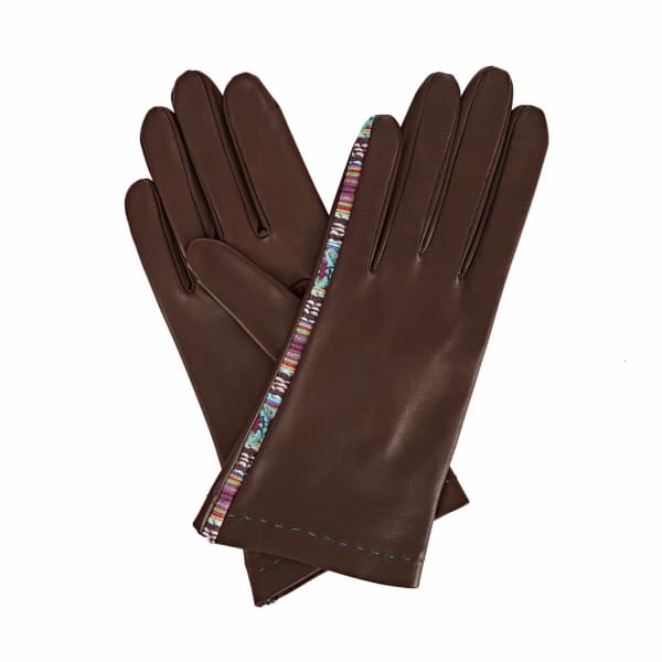 GIZELLE RENEE Arabella Dark Brown Leather Gloves with Brown and Mauve Braided Barcode Tana Lawn