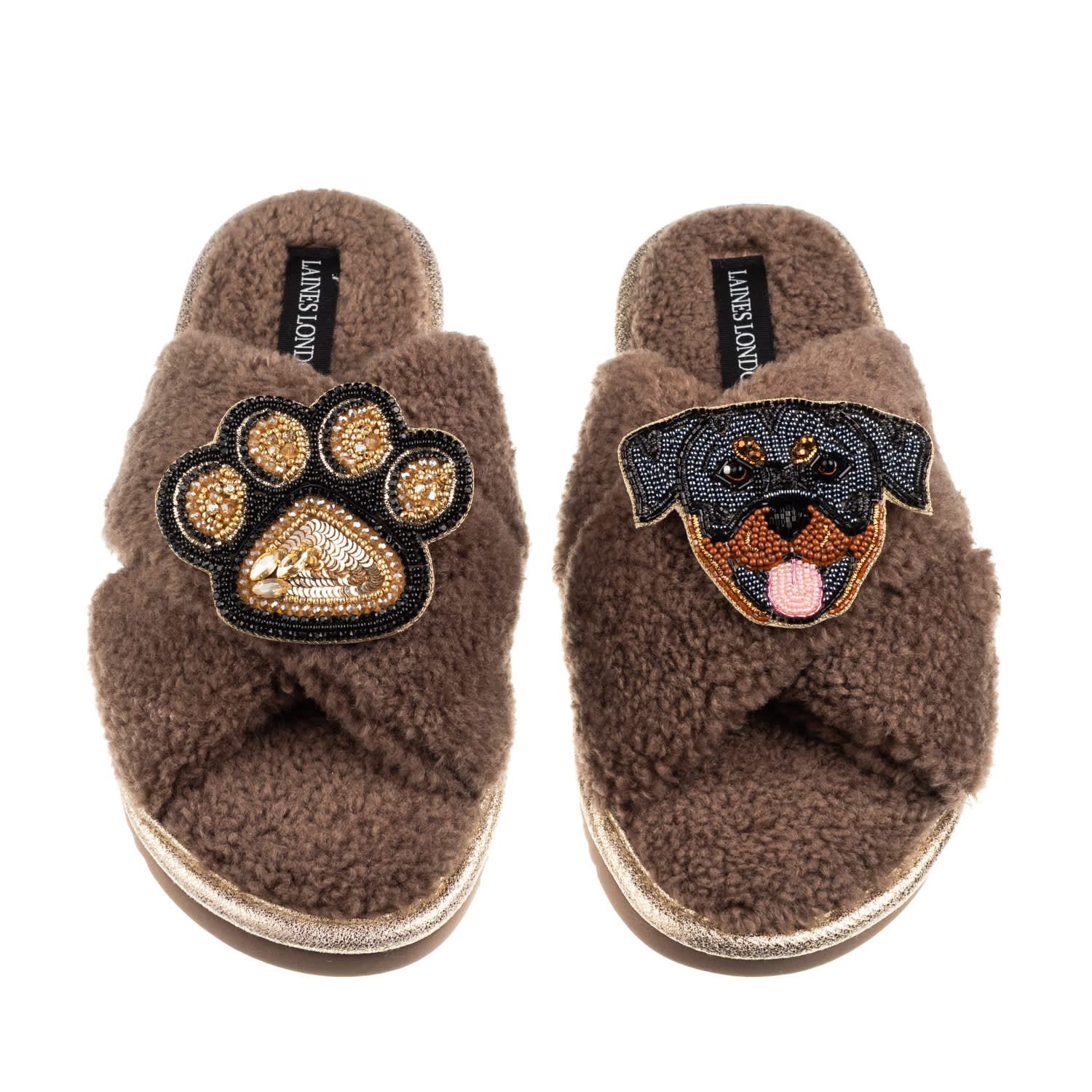 Laines London Women's Brown / Neutrals Laines Boucle Slippers With Paw & Rottweiler Brooches - Mink In Brown