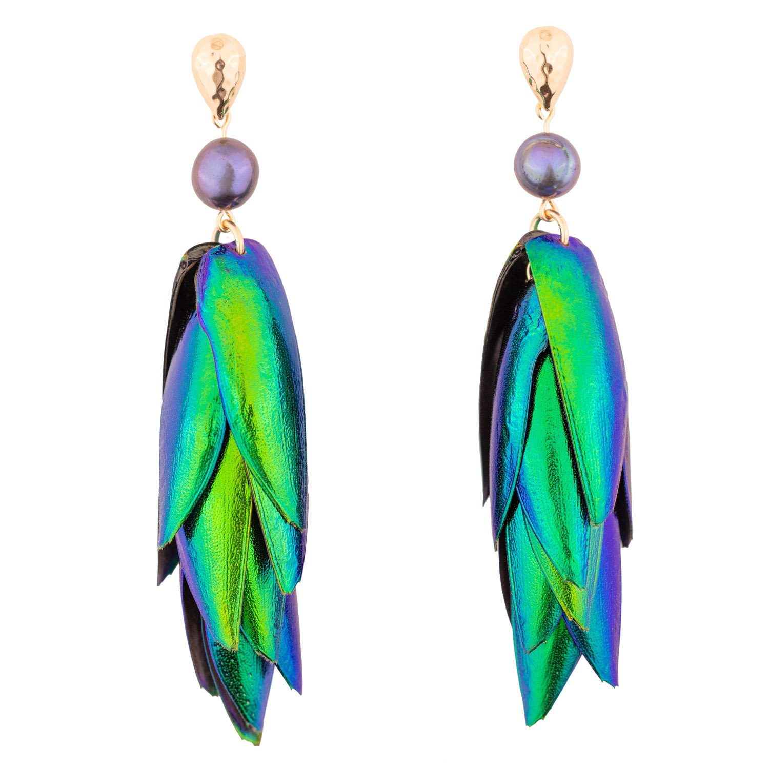 Oanasavu.creations Women's Green / Pink / Purple Beetle Wings Metallic Green Earrings Peacock Freshwater Pearls Gold Dr