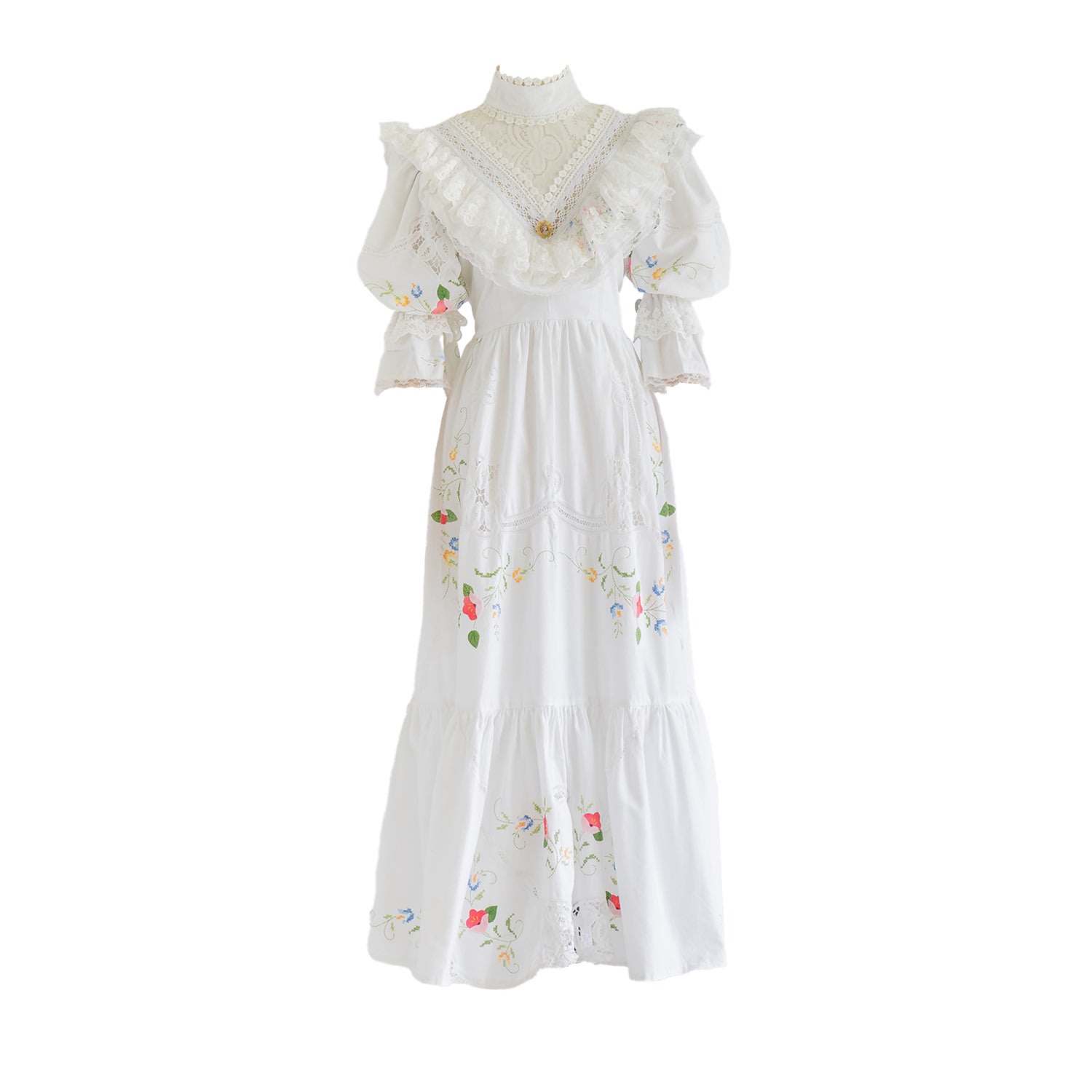 Women’s Re-Design Upcycled White Cotton Balloon Sleeved Floral Maxi Dress Medium Sugar Cream Vintage