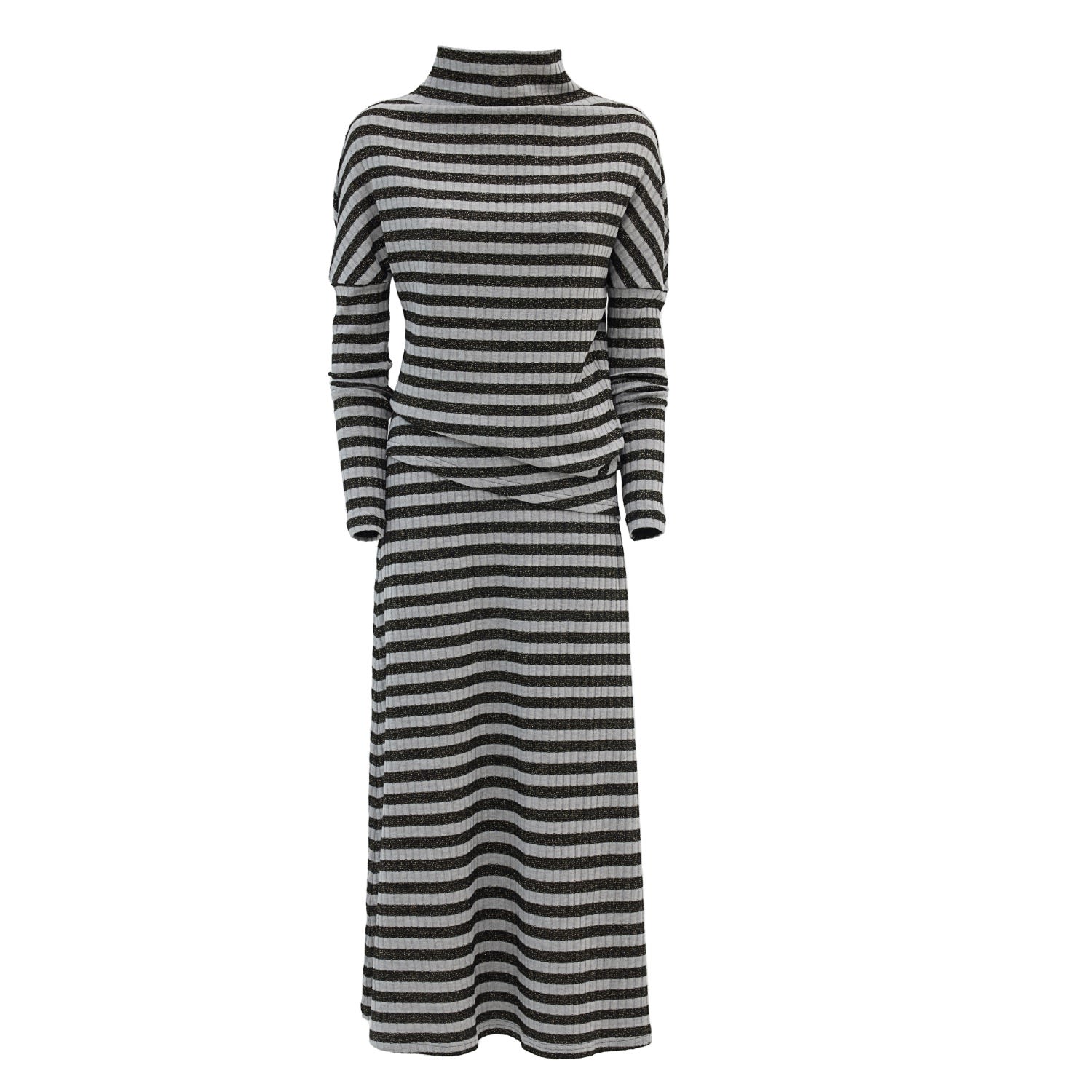 Julia Allert Women's Black / Grey Rib Knit Suit Asymmetric Blouse & Basic Skirt Striped Lurex In Black/grey